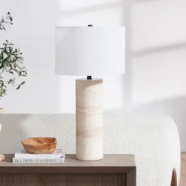 Hudson&Canal - Corbett 29" Tall Natural Travertine Stone Table Lamp with Fabric Shade