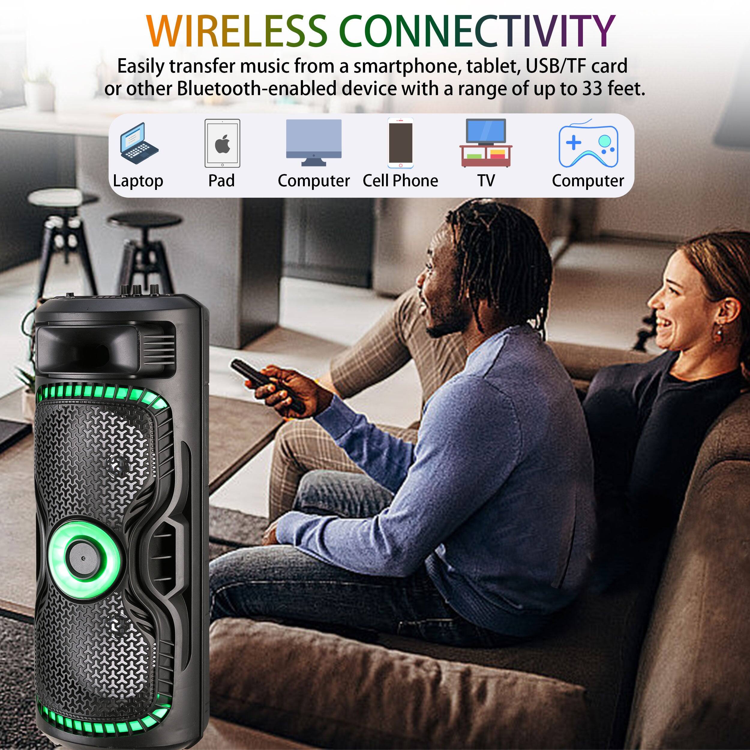 WIRELESS CONNECTIVITY Easily transfer music from a smartphone, tablet, USB/TF card or other Bluetooth-enabled device with a range of up to 33 feet. Laptop Pad Computer Cell Phone TV Computer