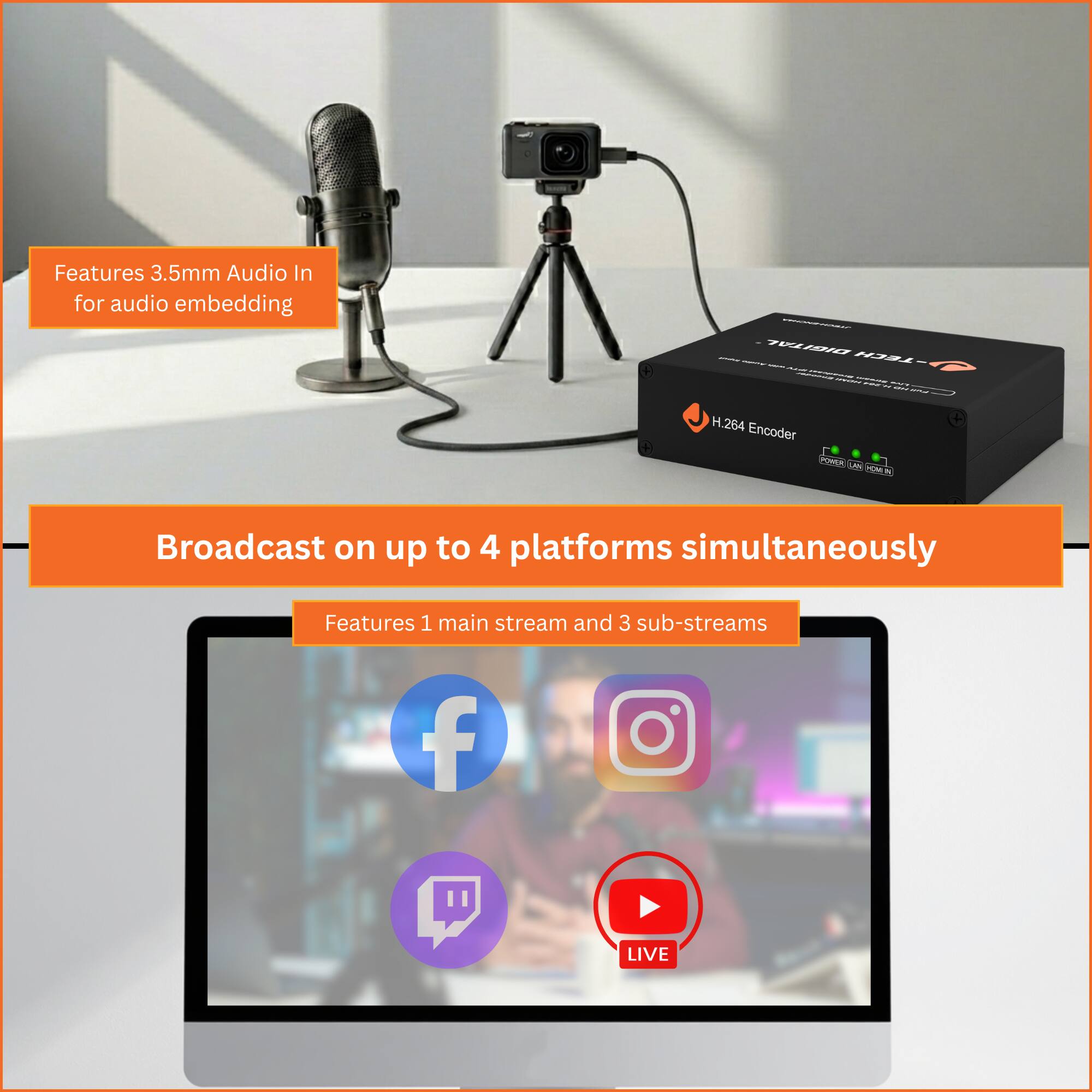 Features 3.5mm Audio In for audio embedding

Broadcast on up to 4 platforms simultaneously

Features 1 main stream and 3 sub-streams