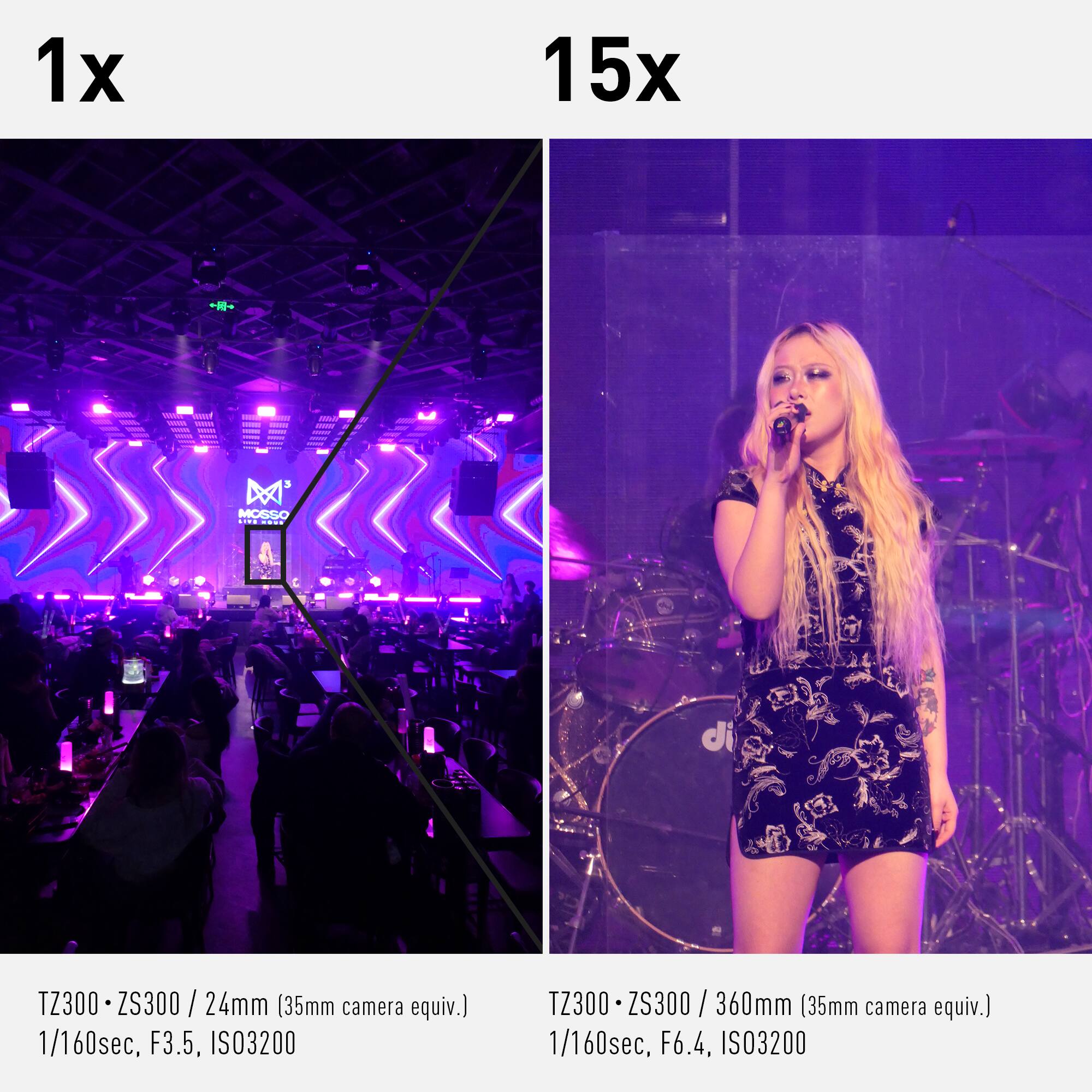 1x  
TZ300 - ZS300 / 24mm (35mm camera equiv.)  
1/160sec, F3.5, ISO3200  

15x  
TZ300 - ZS300 / 360mm (35mm camera equiv.)  
1/160sec, F6.4, ISO3200