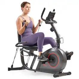 Sunny Health & Fitness - 16-Level Smart Magnetic Resistance Recumbent Bike with Workout Bands - Dark Gray