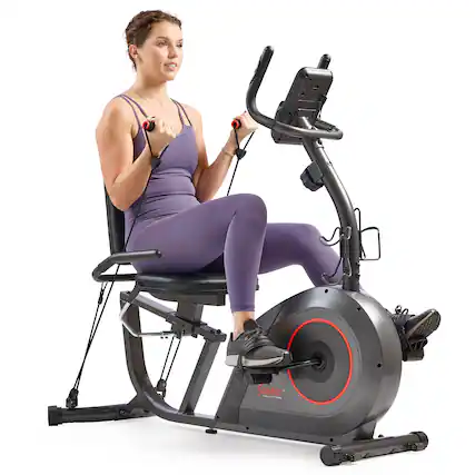 Front. Sunny Health & Fitness - 16-Level Smart Magnetic Resistance Recumbent Bike with Workout Bands - Dark Grey.