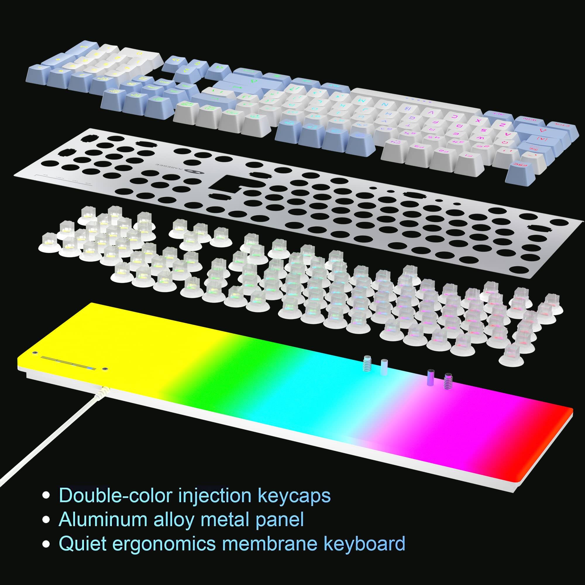 - Double-color injection keycaps
- Aluminum alloy metal panel
- Quiet ergonomics membrane keyboard