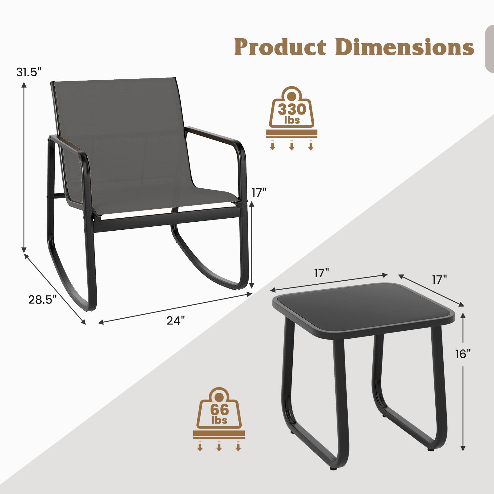 31.5"  
Product Dimensions | 330 lbs  
17"  
17"  
17"  
28.5"  
24"  
16"  
66 lbs