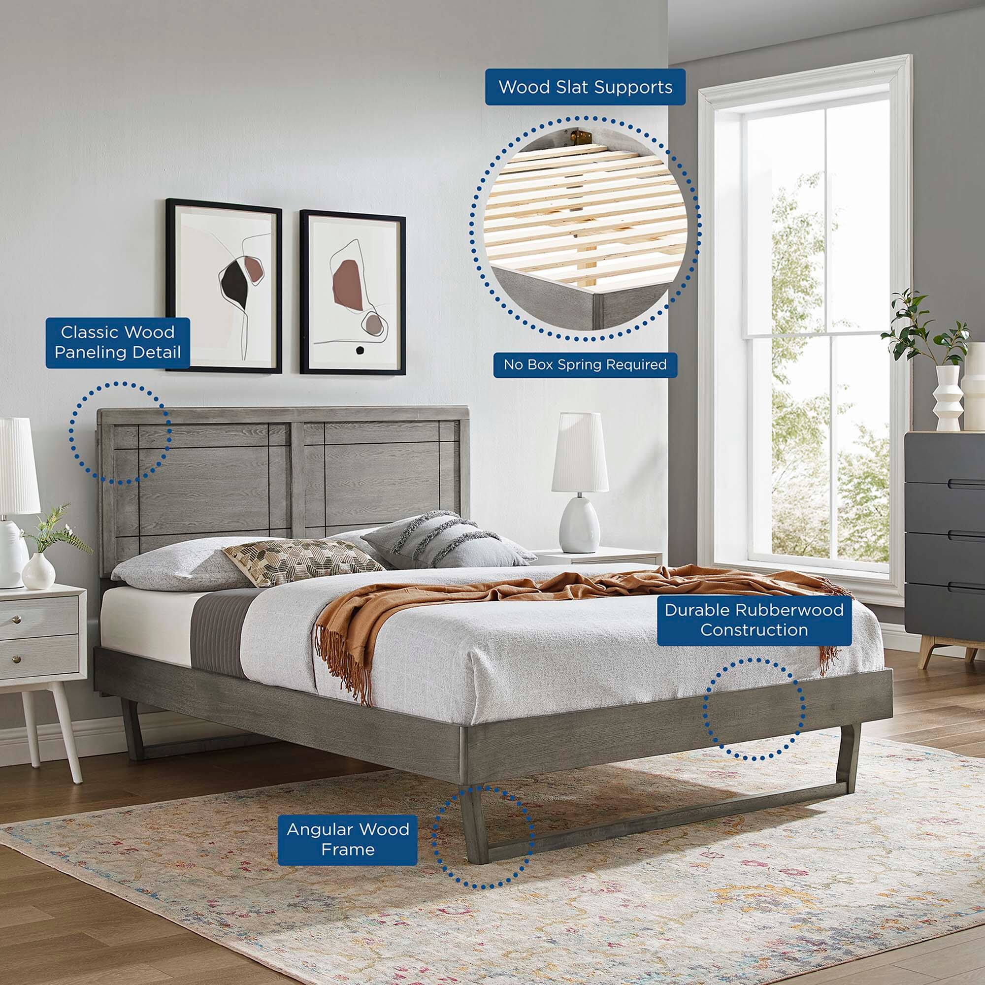 - Classic Wood Paneling Detail
- Wood Slat Supports
- No Box Spring Required
- Durable Rubberwood Construction
- Angular Wood Frame