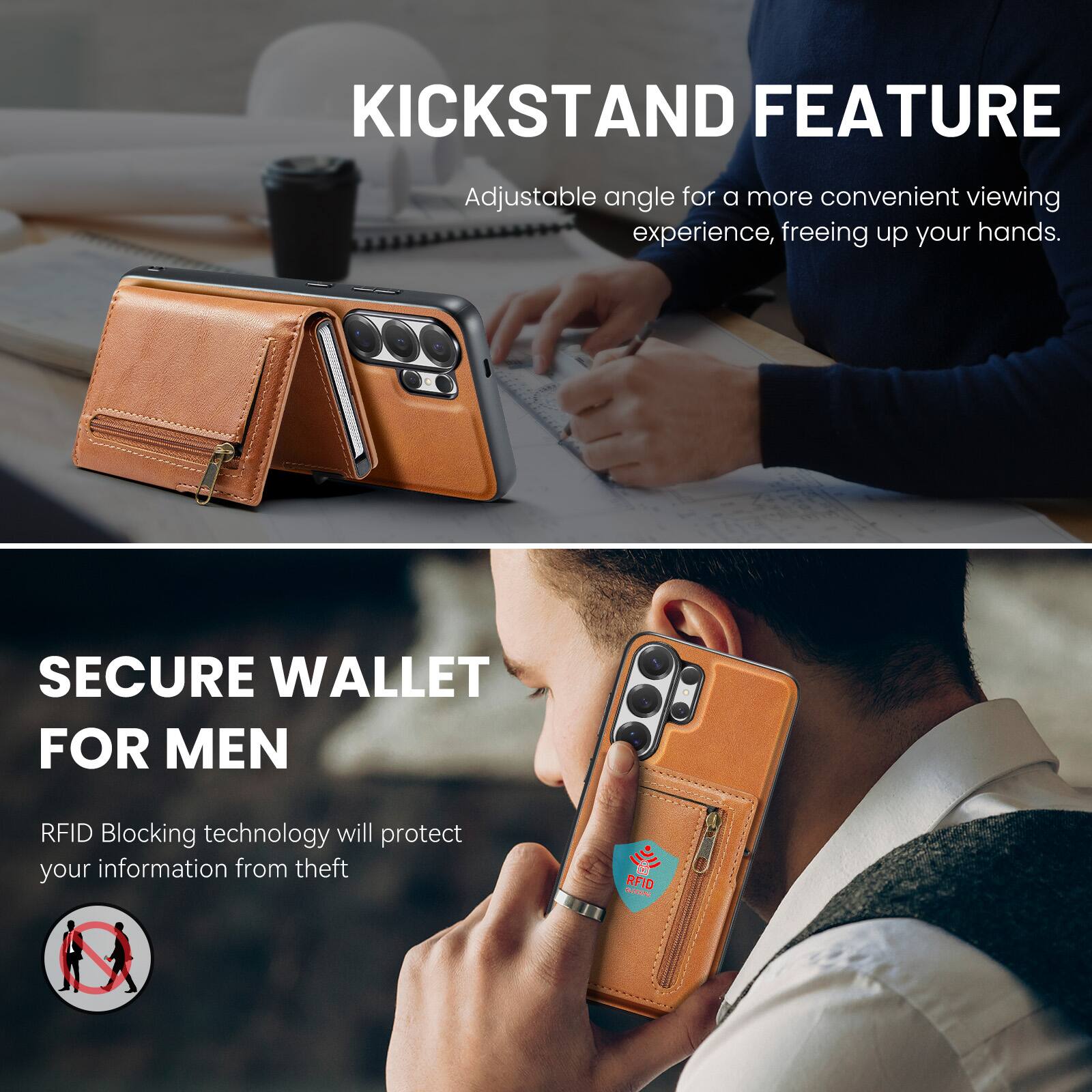 KICKSTAND FEATURE  
Adjustable angle for a more convenient viewing experience, freeing up your hands.  

SECURE WALLET FOR MEN  
RFID Blocking technology will protect your information from theft