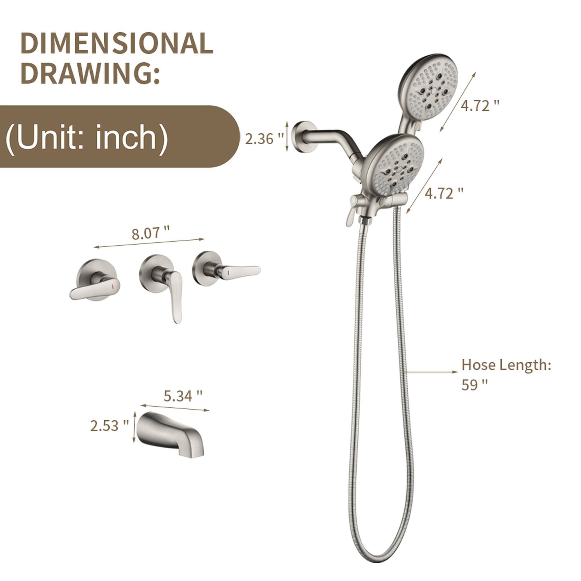 DIMENSIONAL DRAWING:  
(Unit: inch)  

- 2.36"  
- 4.72"  
- 4.72"  
- 8.07"  
- 5.34"  
- 2.53"  

Hose Length: 59"