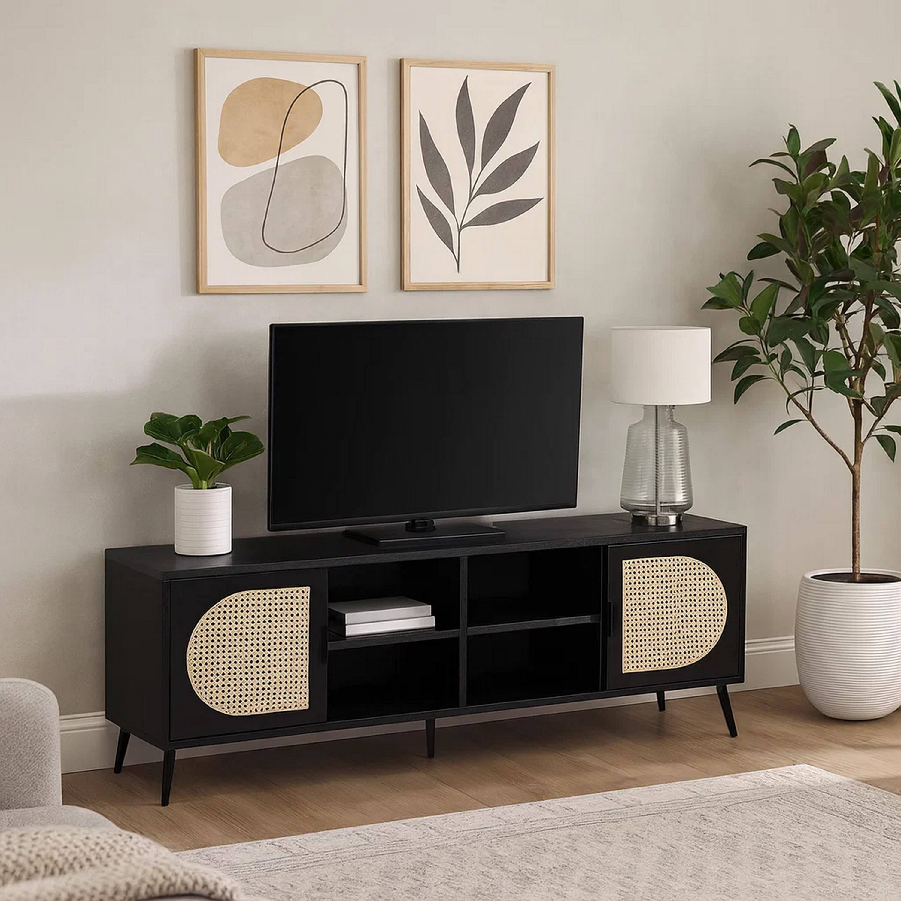 Alt View 6. Manhattan Lane - 60 Inch TV Entertainment Center, Rattan Front 2 Cabinet, Metal Legs, Black - Black.