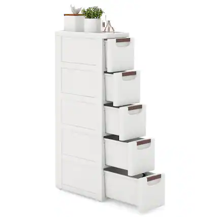 Front. Gymax - Gymax 5-Drawer Narrow Rolling Storage Cabinet w/ Pull Handles Built-in Wheels - White.