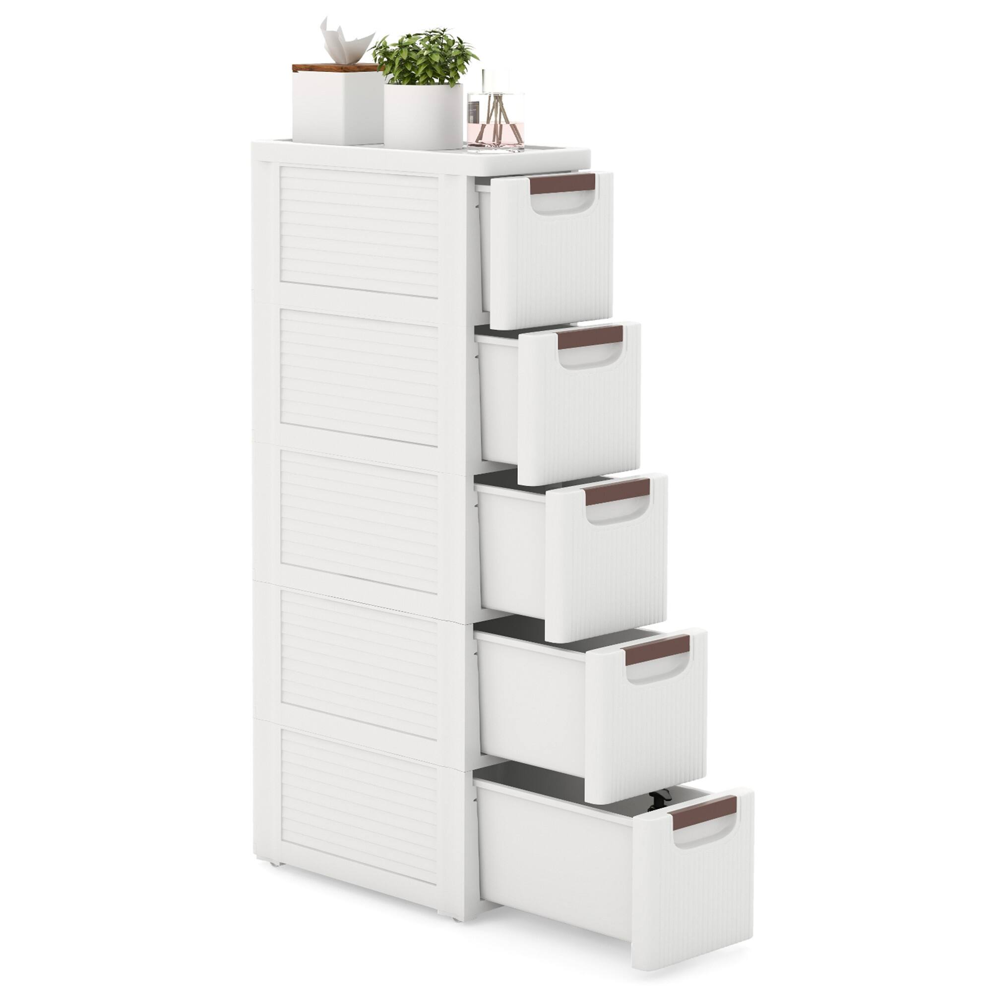 Front. Gymax - Gymax 5-Drawer Narrow Rolling Storage Cabinet w/ Pull Handles Built-in Wheels - White.