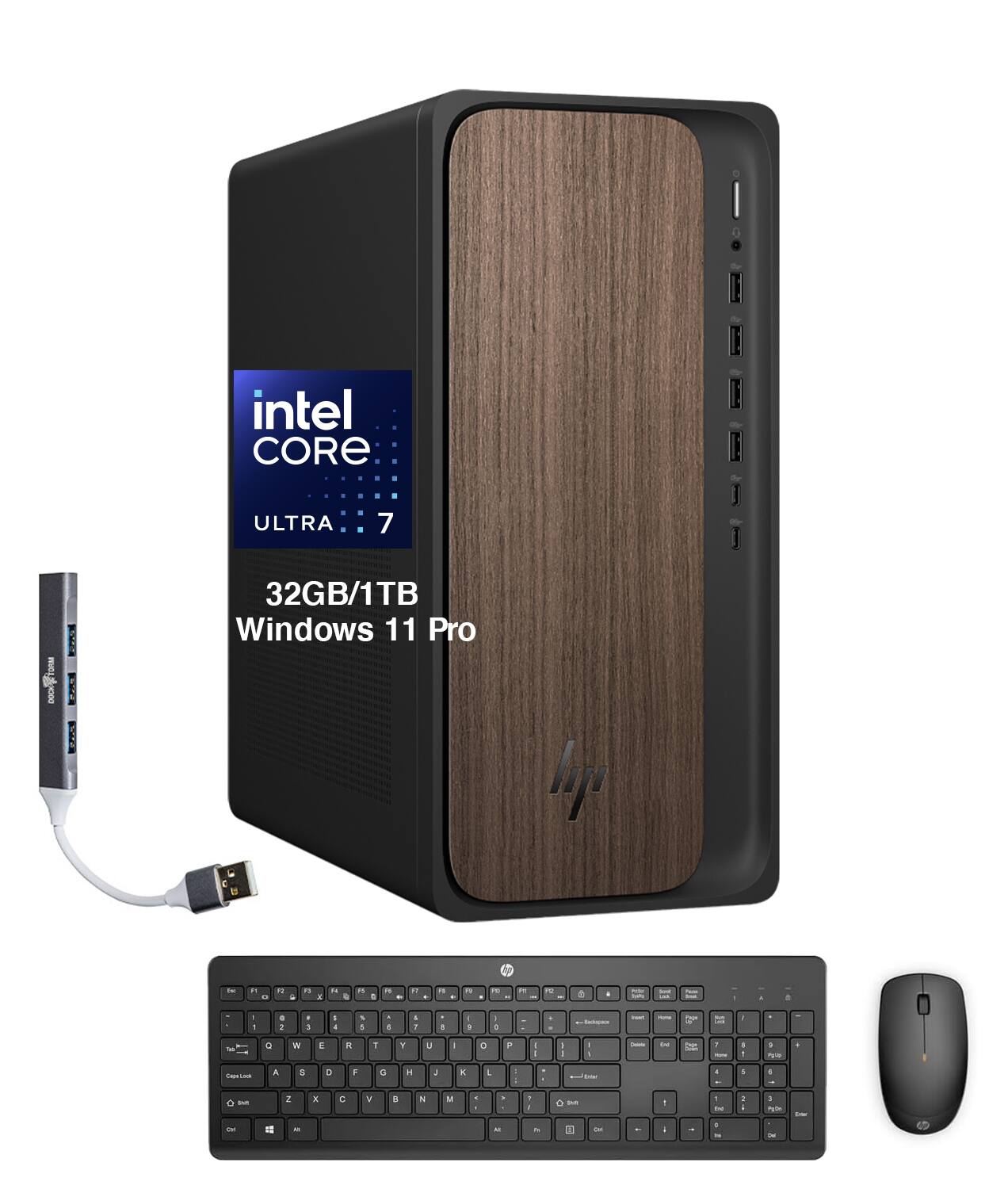 HP - Upgraded - OmniDesk Desktop (Ultra 7-265, 32GB, 1TB SSD, Intel Graphics, WiFi 6, Bluetooth 5.4, RJ-45,Win 11 Pro) w/USB Hub - Dark Wood