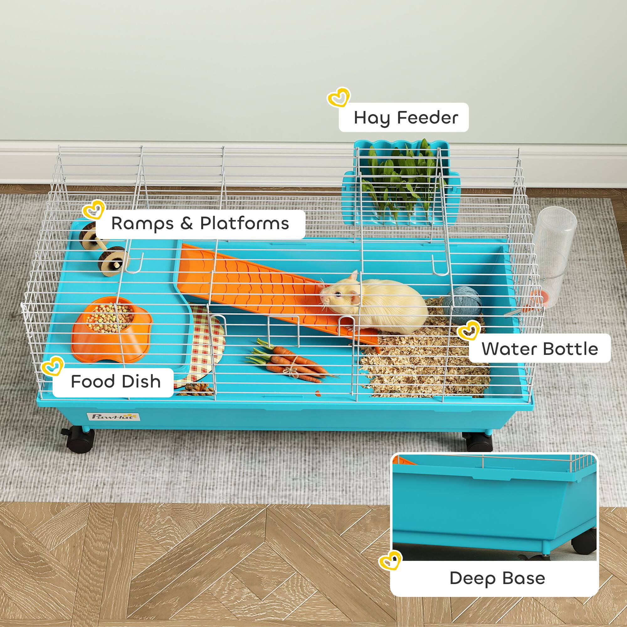 - Hay Feeder
- Ramps & Platforms
- Food Dish
- Water Bottle
- Deep Base