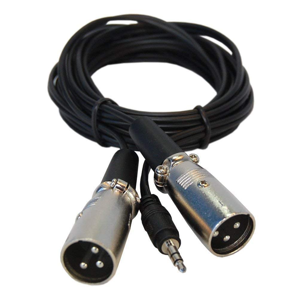 Left. HQRP - 6 ft 3.5 mm to dual XLR male audio cable for KRK Rokit 5 G2, HS50m, JBL EON 5151XT - Black.