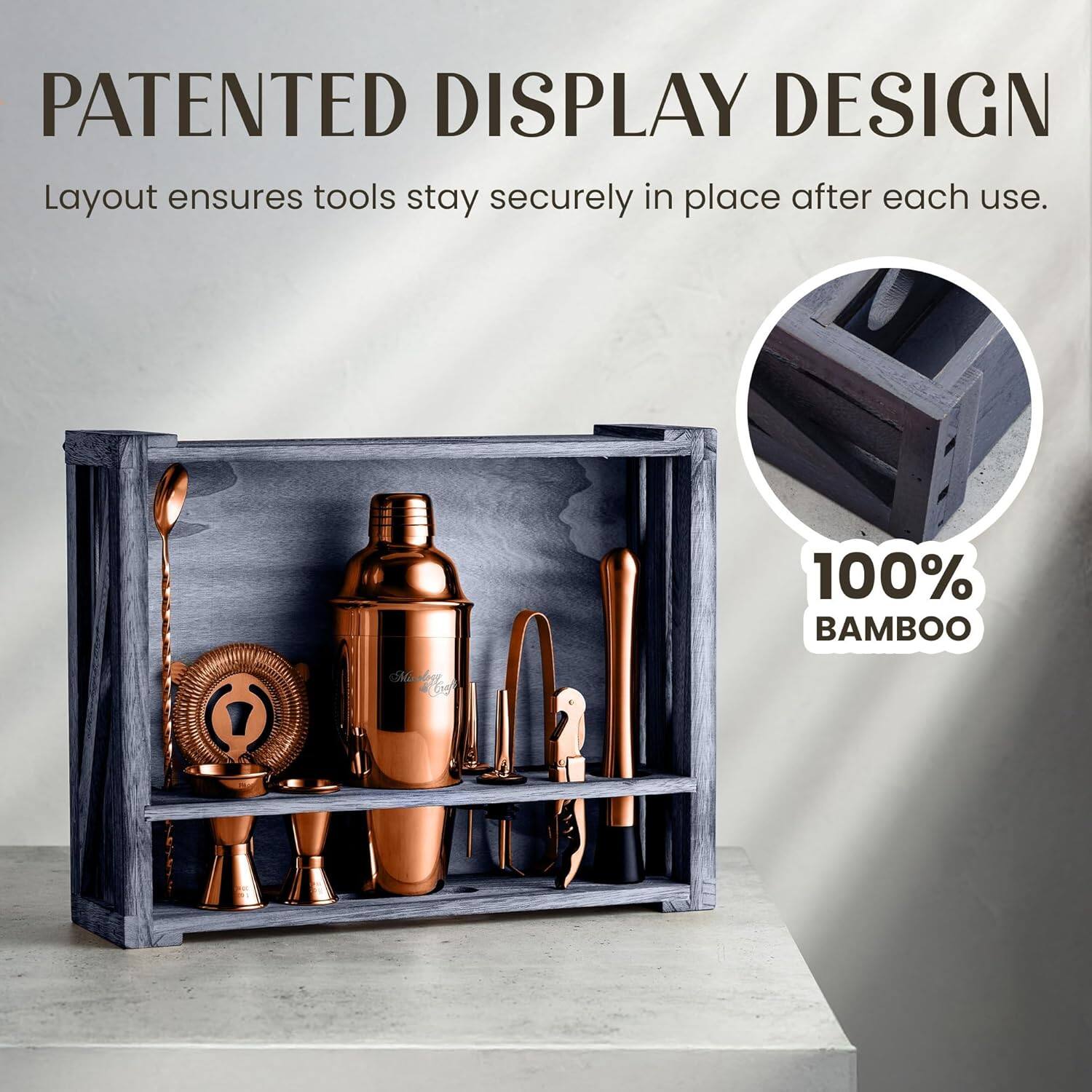 PATENTED DISPLAY DESIGN  
Layout ensures tools stay securely in place after each use.  

100% BAMBOO
