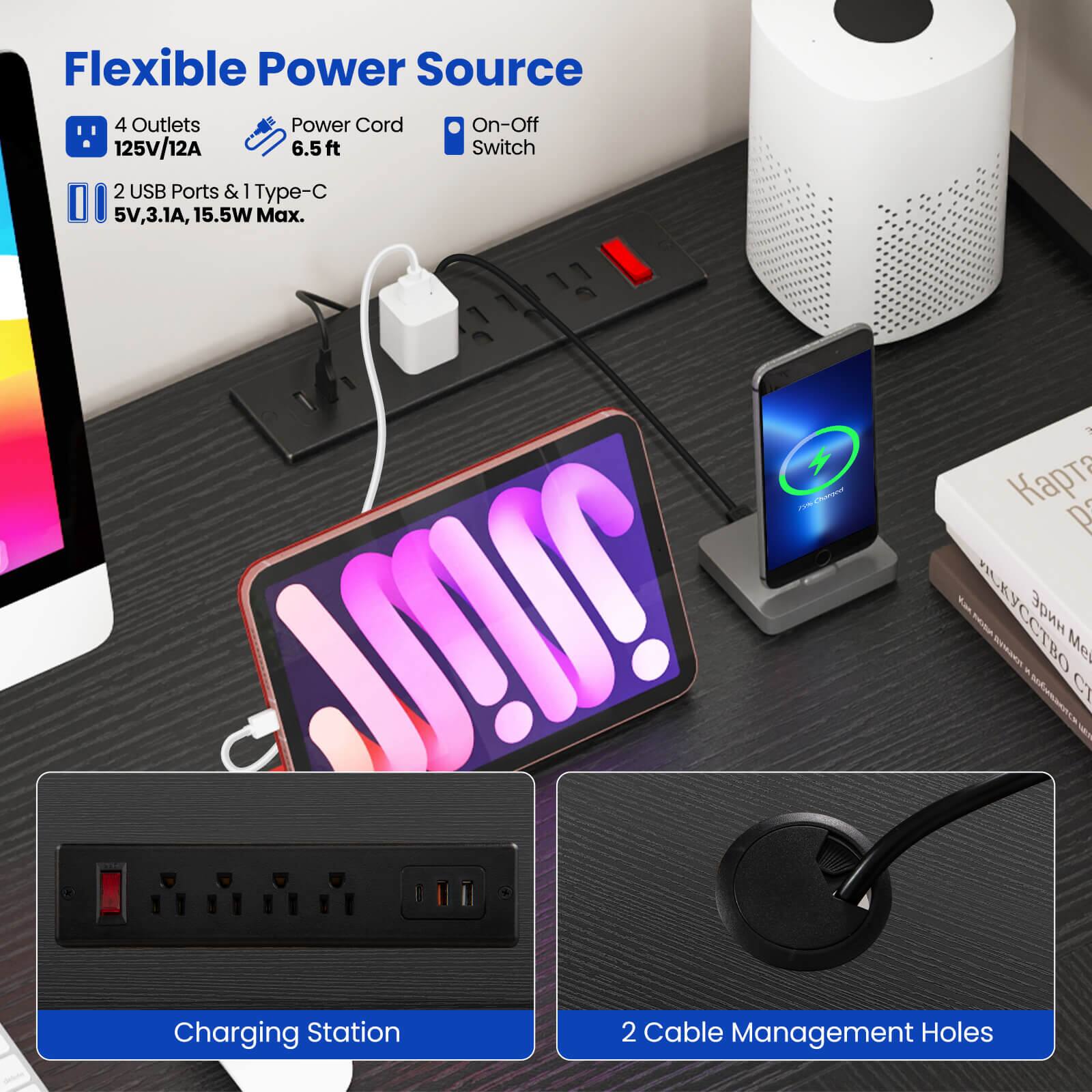 The text on the image is grouped and corrected as follows:

Flexible Power Source:
- 4 Outlets
- Power Cord: On-Off
- 125V/12A 6.5ft Switch
- 2 USB Ports & i Type-C
- 5V, 3.1A, 15.5W Max.
- Charging Station
- 2 Cable Management Holes

This description provides a clear overview of the features and capabilities of the flexible power source, making it easier for potential customers to understand its benefits and functions.