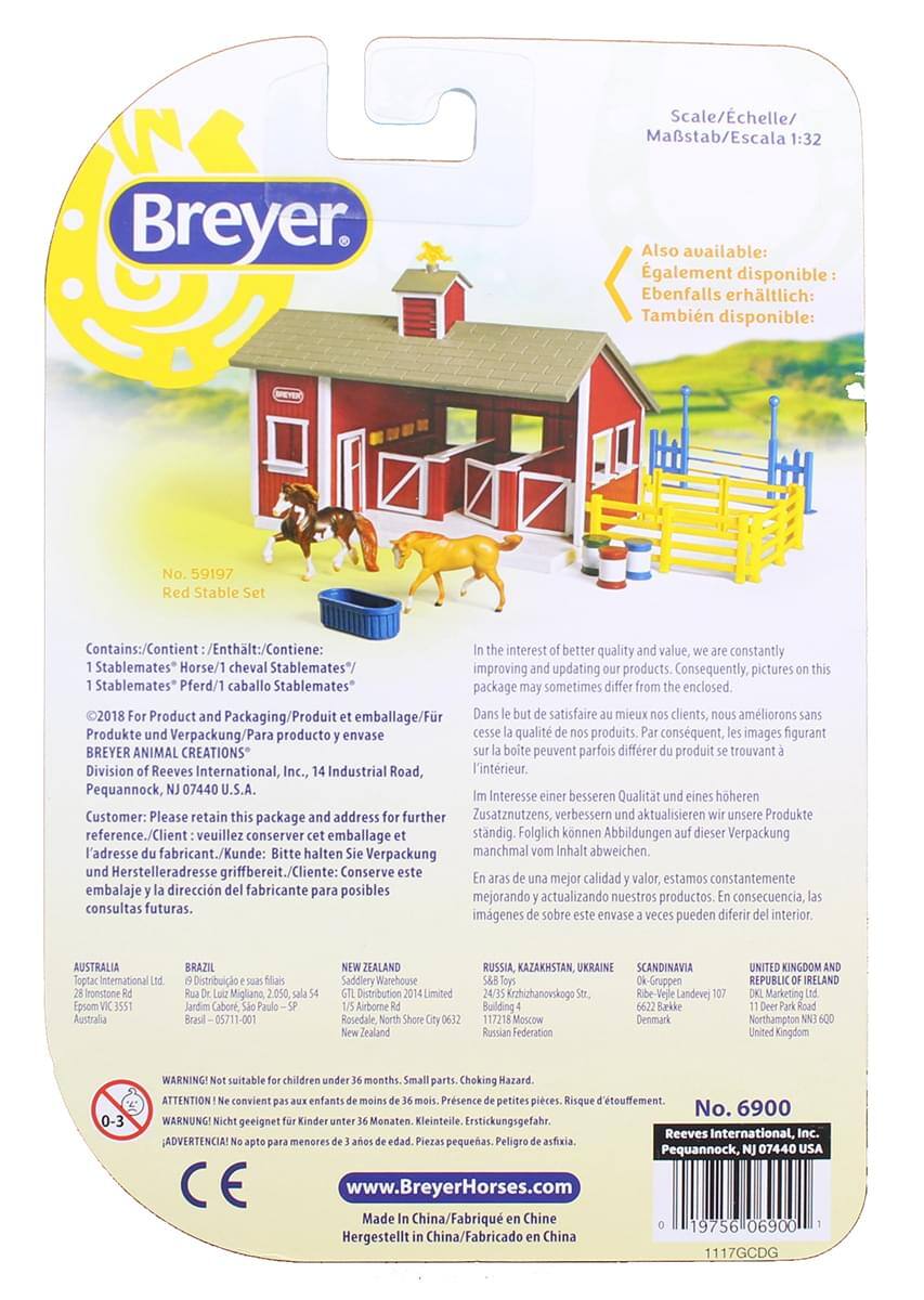 Scale/Echelle/ Maßstab/Escala 1:32  
Breyer  

Also available: Également disponible: Ebenfalls erhältlich: También disponible:  

No. 59197 Red Stable Set  

Contains/Contient /Enthält /Contiene:  
1 Stablemates™ Horse/1 cheval Stablemates™ /1 Pferd/1 caballo Stablemates™  

©2018 For Product and Packaging/Produit et emballage/Für Produkte und Verpackung/Para producto y envase  
BREYER ANIMAL CREATIONS®  
Division of Reeves International, Inc., 14 Industrial Road, Pequannock, NJ 07440 U.S.A.  

In the interest of better quality and value, we are constantly improving and updating our products. Consequently, pictures on this package may sometimes differ from the enclosed.  
Dans le but de satisfaire mieux nos clients, nous améliorons sans cesse la qualité de nos produits. Par conséquent, les images figurant sur la boîte peuvent parfois différer du produit se trouvant à l'intérieur.  
Im Interesse einer besseren Qualität und eines
