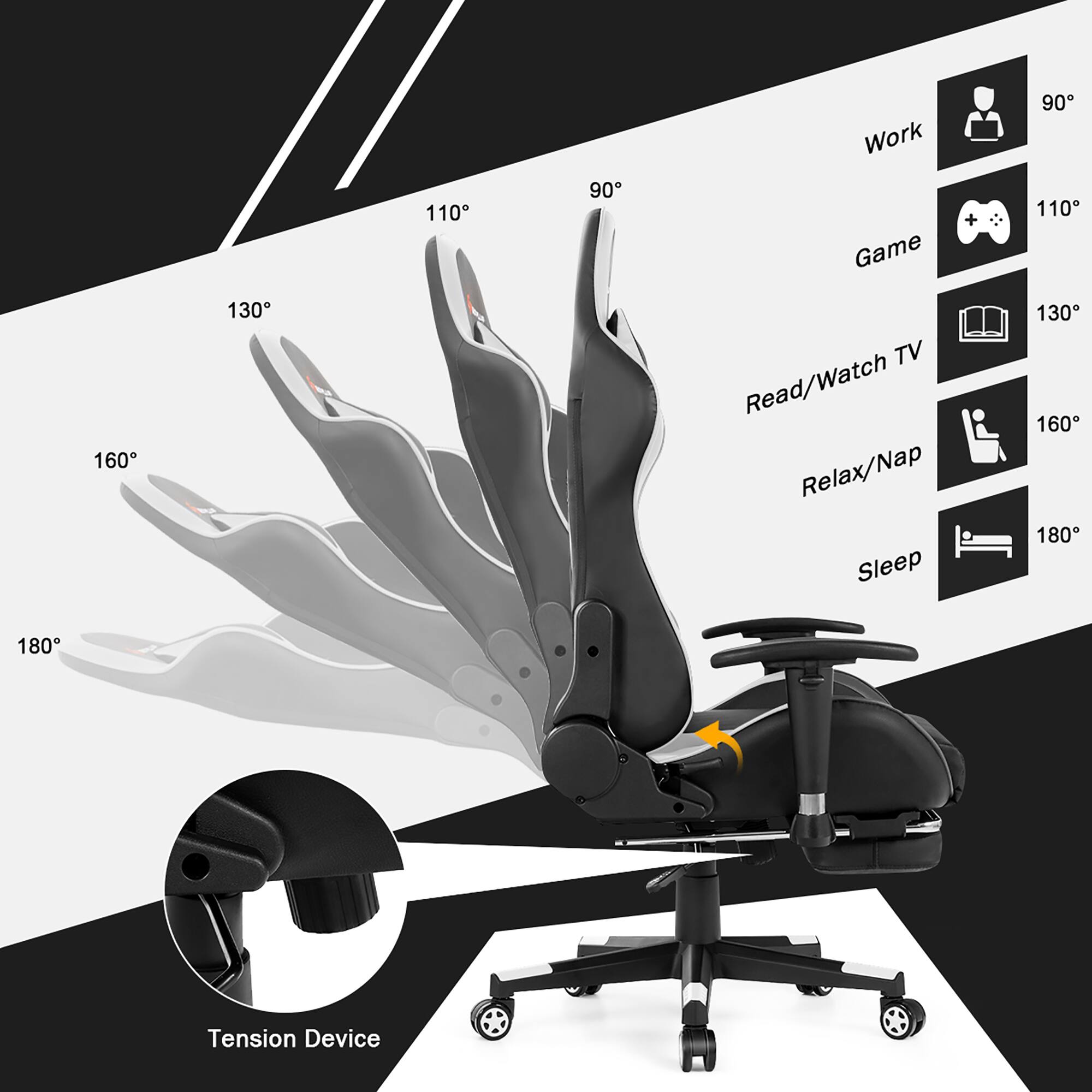 The text on the image can be grouped and corrected as follows:

110 90 Work Game + 90 110 160 130 TV Read/Watch Relax/Nap Sleep 130 160 180 180 Tension Device

This text describes the features of a chair, which includes a tension device, a TV, a game, a relax/nap feature, and a sleep feature. The chair is designed to provide a comfortable and versatile experience for the user.