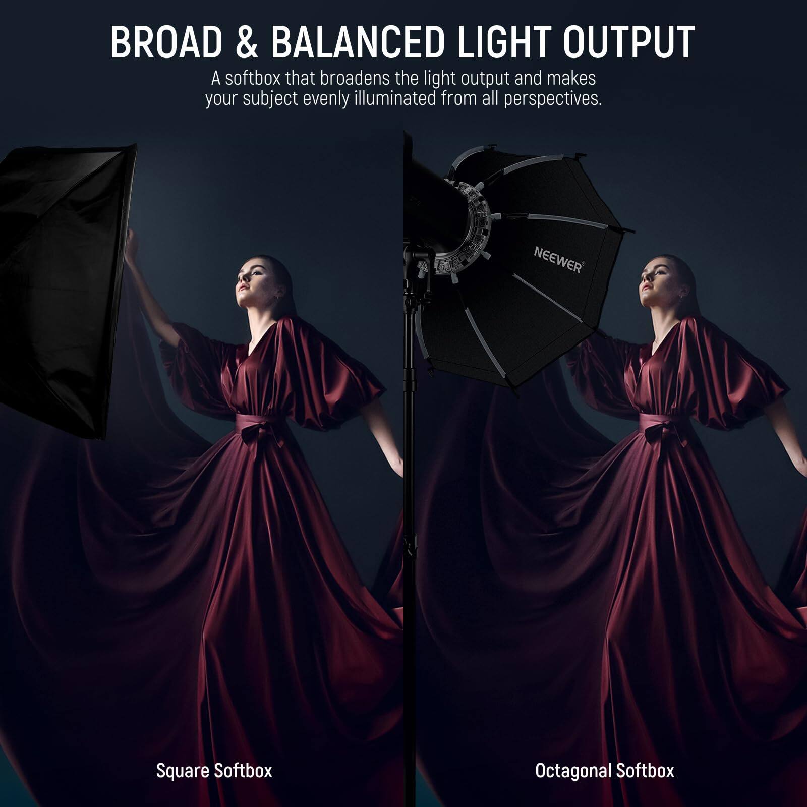 BROAD & BALANCED LIGHT OUTPUT  
A softbox that broadens the light output and makes your subject evenly illuminated from all perspectives.  

NEEWER  
Square Softbox  
Octagonal Softbox