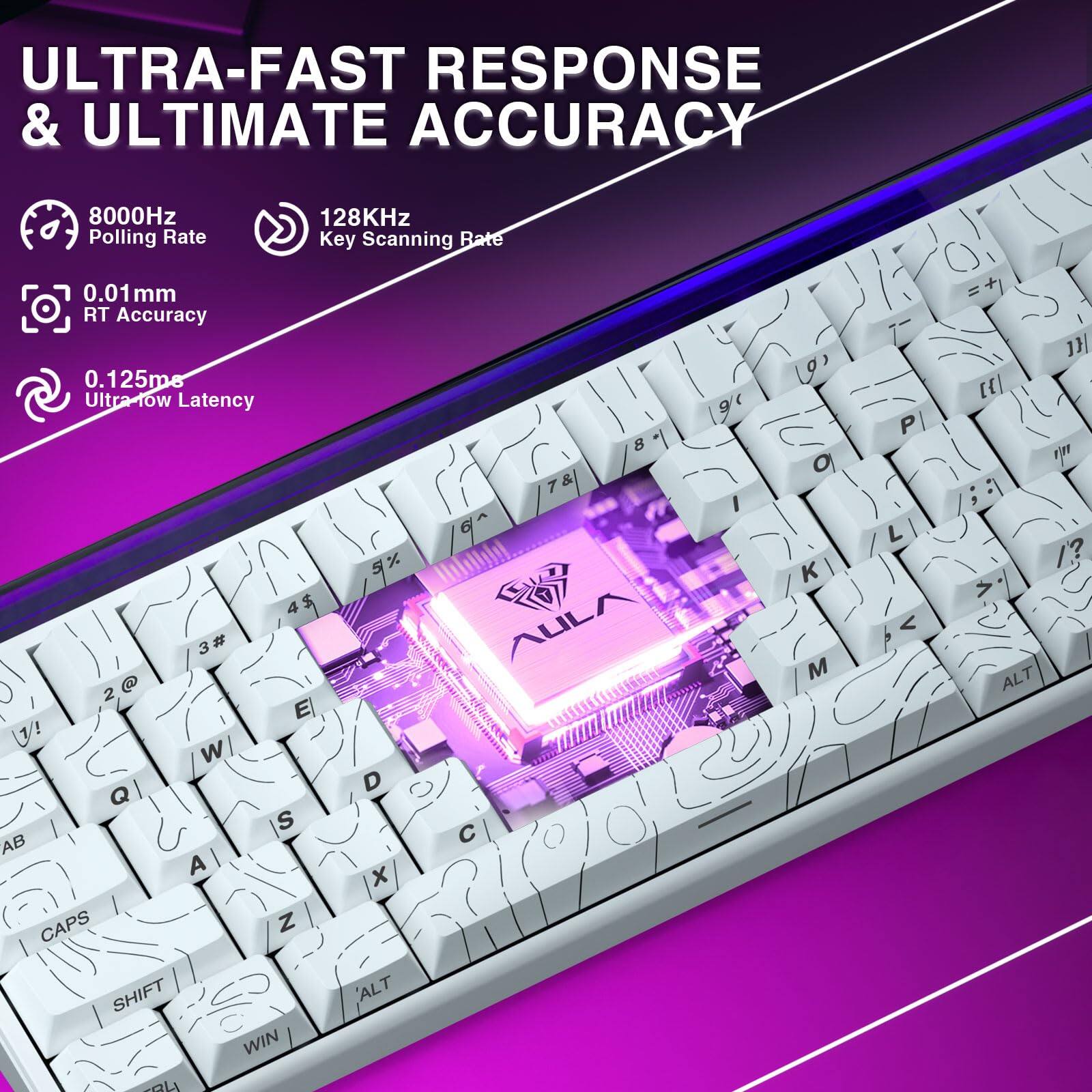 ULTRA-FAST RESPONSE & ULTIMATE ACCURACY

8000Hz Polling Rate  
128KHz Key Scanning Rate  
0.01mm RT Accuracy  
0.125ms Ultra-low Latency