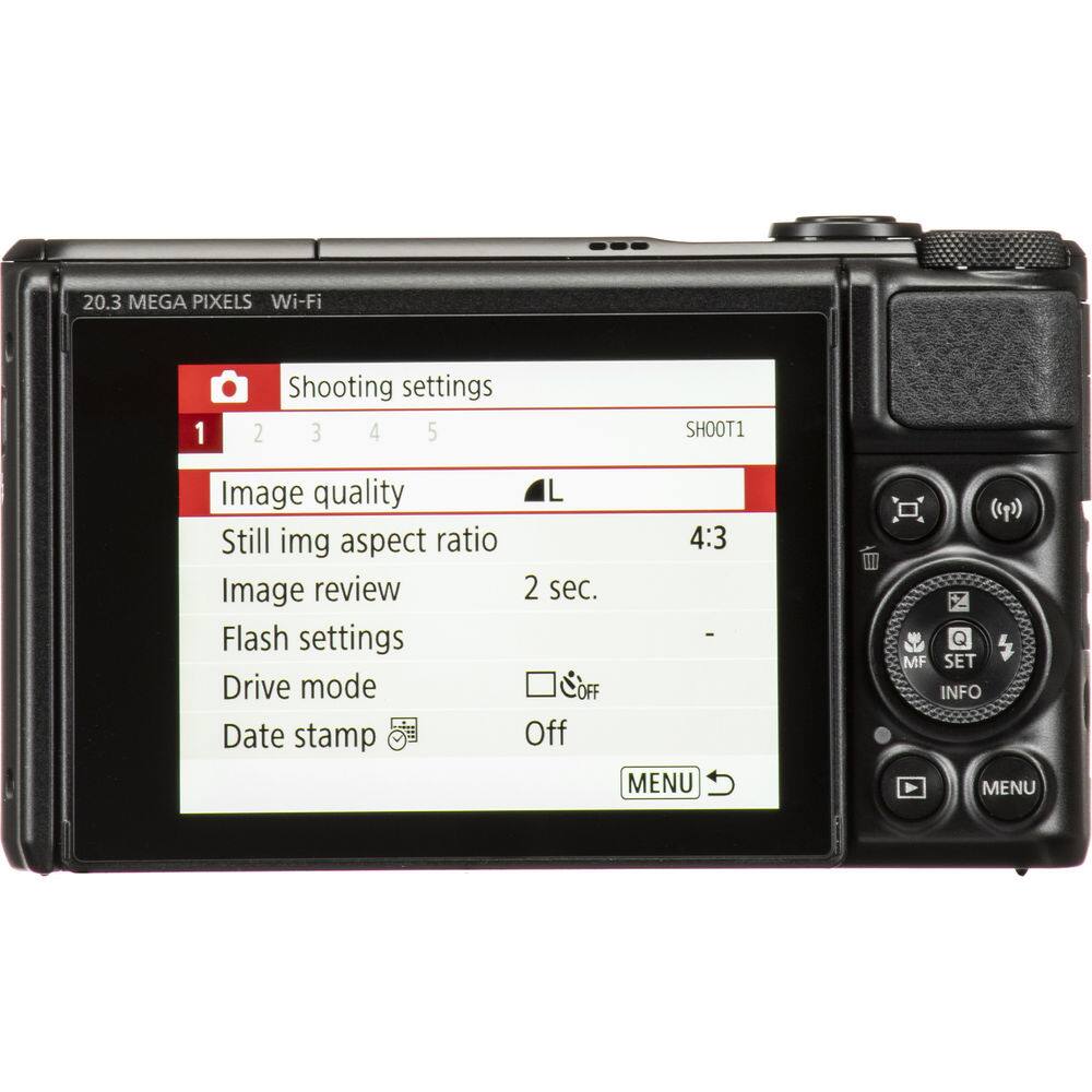 20.3 MEGA PIXELS Wi-Fi

SHOOT1

Shooting settings

1 2 3 4 5

Image quality L

Still img aspect ratio 4:3

Image review 2 sec.

Flash settings -

Drive mode COFF OFF

Date stamp Off

MENU x MF SET INFO MENU