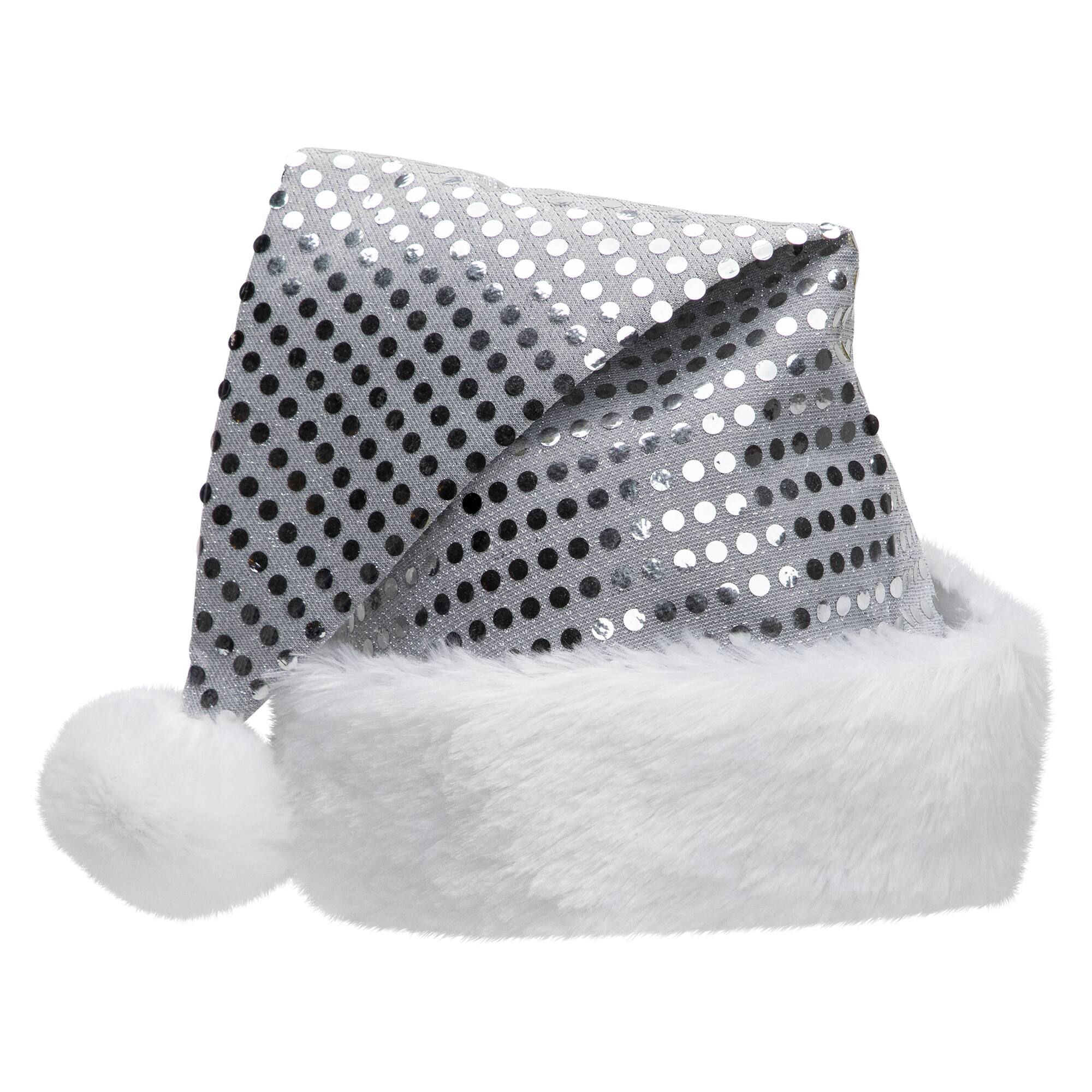 Alt View 3. Northlight - Unisex Adult Sequined Christmas Santa Hat with Cuff  - One Size - Silver and White - Silver.