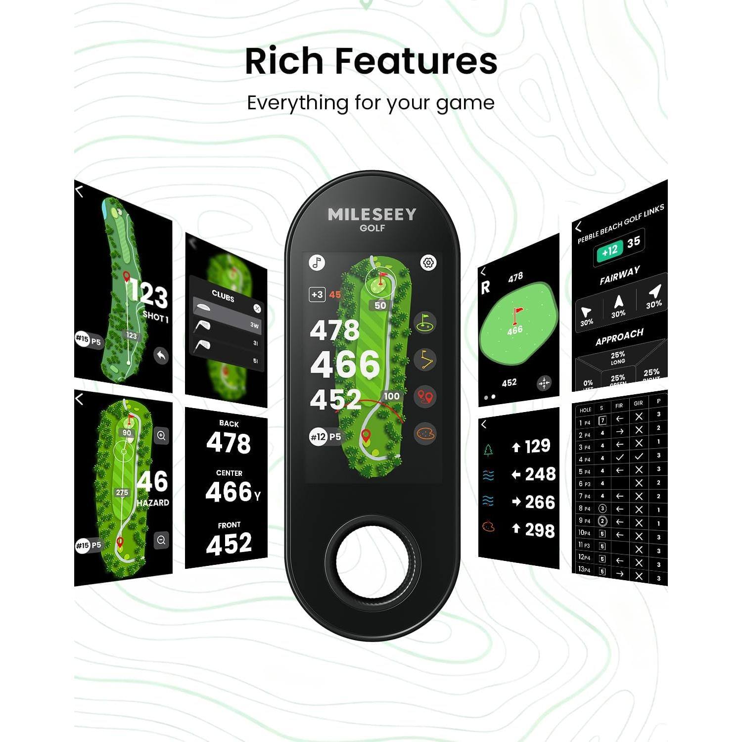 Rich Features  
Everything for your game  

123 CLUBS SHOTI 3W #15 123 P5 2g BACK 90 478 CENTER 46 275 466 Y HAZARD FRONT Q 452 #15 P5  
MILESEEY GOLF On +3 45 50 478 466 452 100 #12 P5  
GOLF LINKS PEBBLE BEACH 35 +12 R 478 FAIRWAY 30% 30% 30% 466 APPROACH 25% LONG 25% 452 0% 25% GR P I FIR HOLF X $ IN  X 2 + 2 X I 129 3 4 T 3 X 1 248 6 93 X 2 T X 2 266 874 0 T X 1 9 F4 : T X I 298 10pc I + X 3 11 mg 5 X 