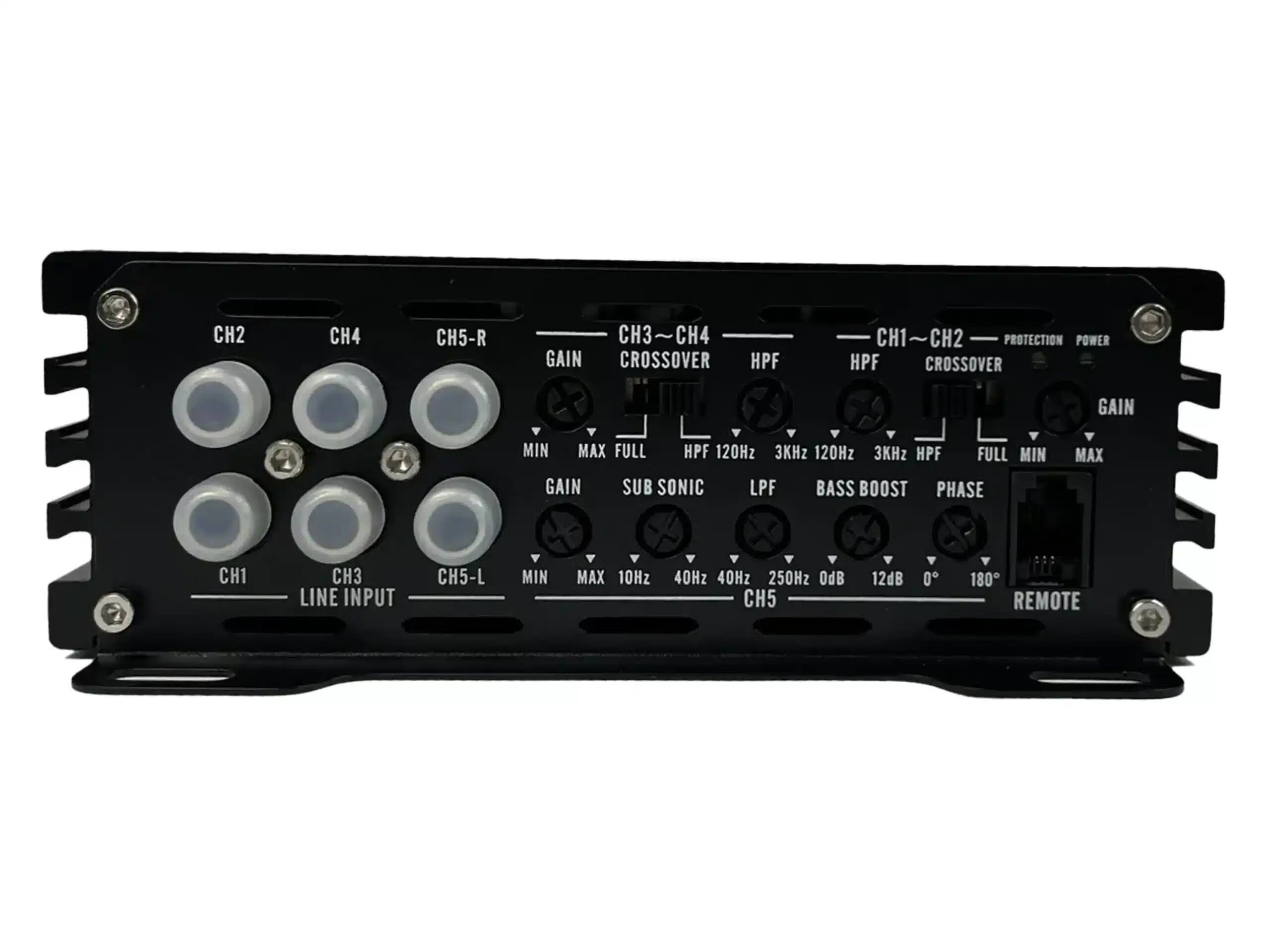 CH2  
CH4  
CH5-R  
GAIN  
CROSSOVER  
HPF  
CH1  
CH2  
PROTECTION  
POWER  
HPF  
CROSSOVER  
GAIN  
MIN  
MAX  
FULL  
HPF  
120Hz  
3KHz  
120Hz  
3KHz  
HPF  
FULL  
MIN  
GAIN  
SUB SONIC  
LPF  
BASS BOOST  
PHASE  
MAX  
CH1  
CH3  
LINE INPUT  
CH5-L  
MIN  
MAX  
10Hz  
40Hz  
40Hz  
250Hz  
OdB  
CH5  
12dB  
0  
180  
REMOTE