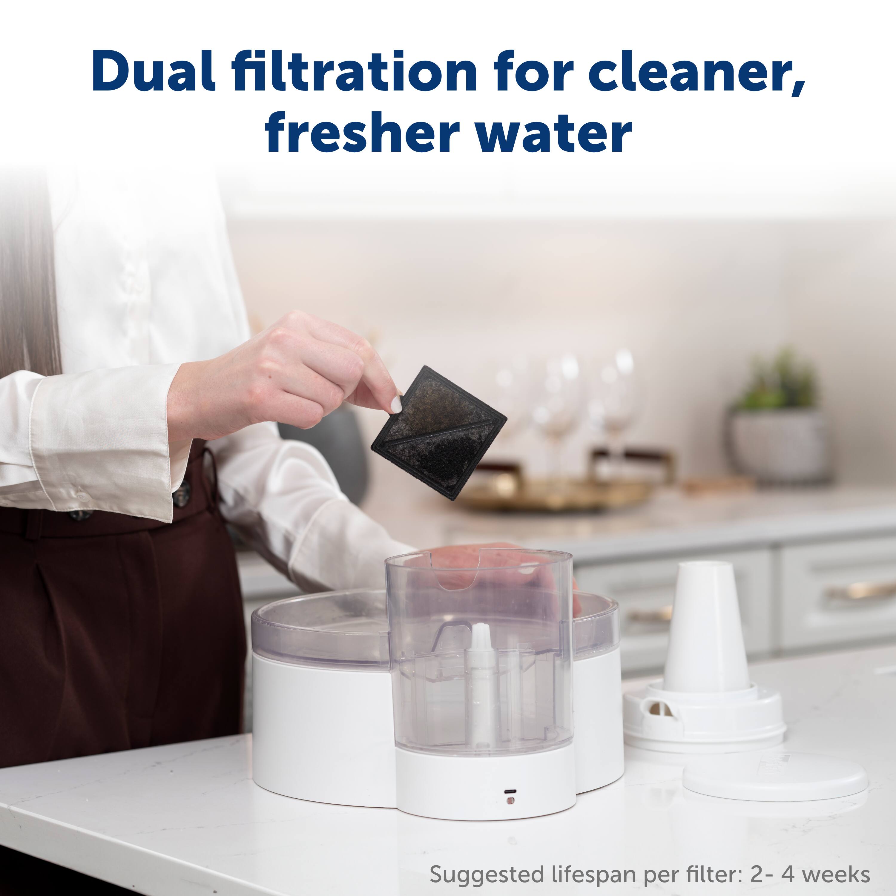 Dual filtration for cleaner, fresher water. Suggested lifespan per filter: 2-4 weeks.