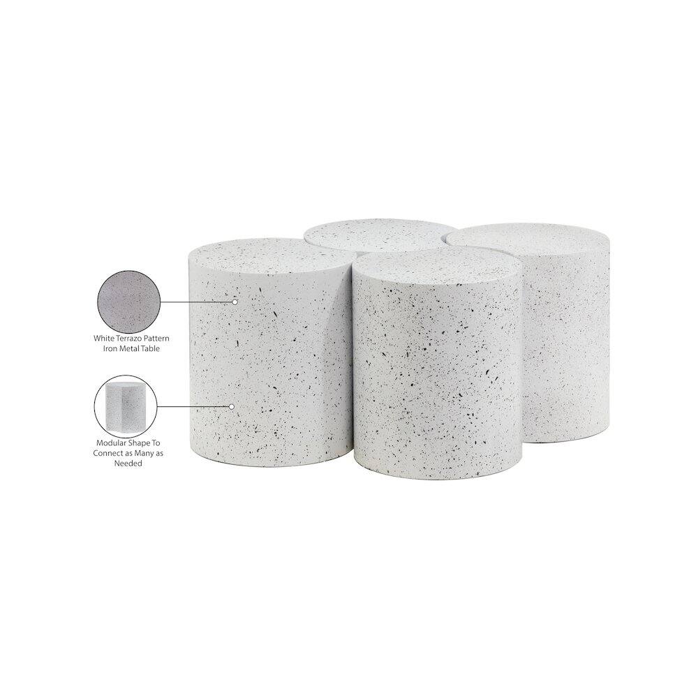 White Terrazzo Pattern  
Iron Metal Table  
Modular Shape To Connect as Many as Needed