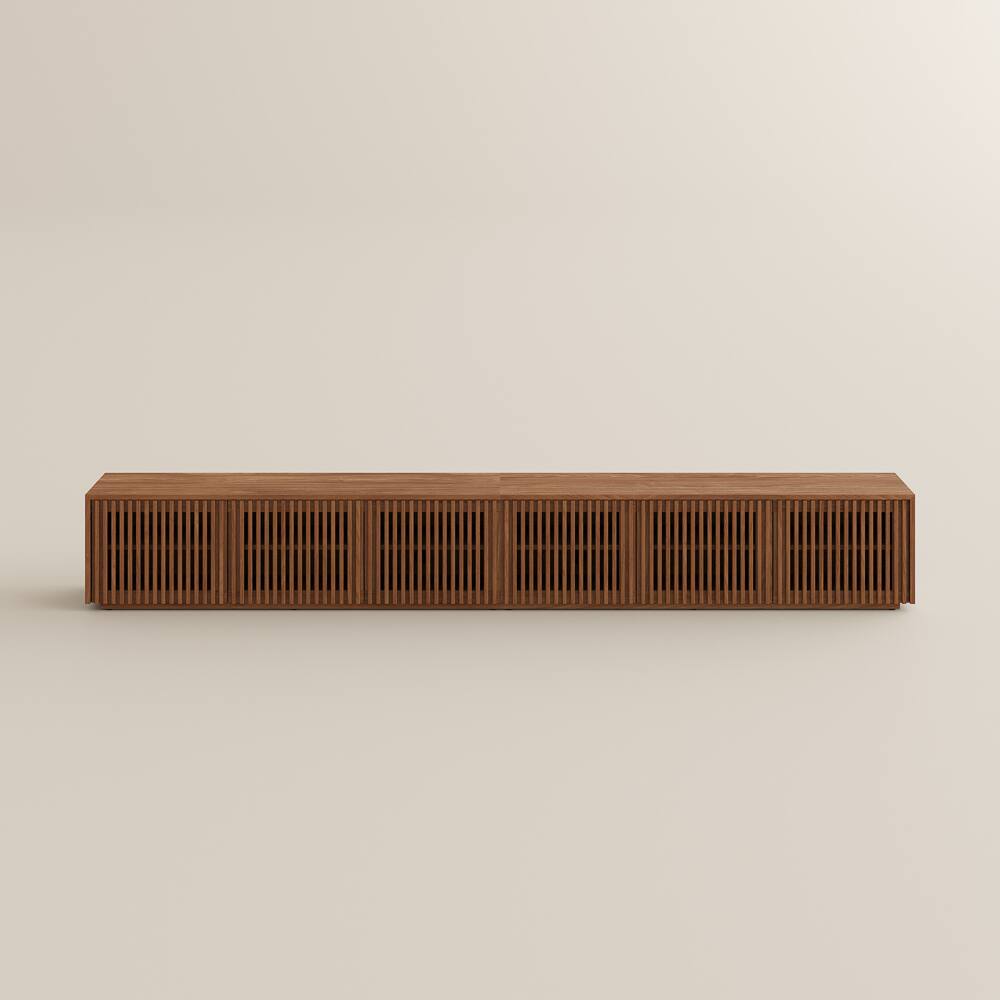Alt View 7. POVISON - 118" Modern Wood TV Stand, Minimalist Slatted Entertainment Center Media Console Perfect for 100-inch TVs - Walnut Color.