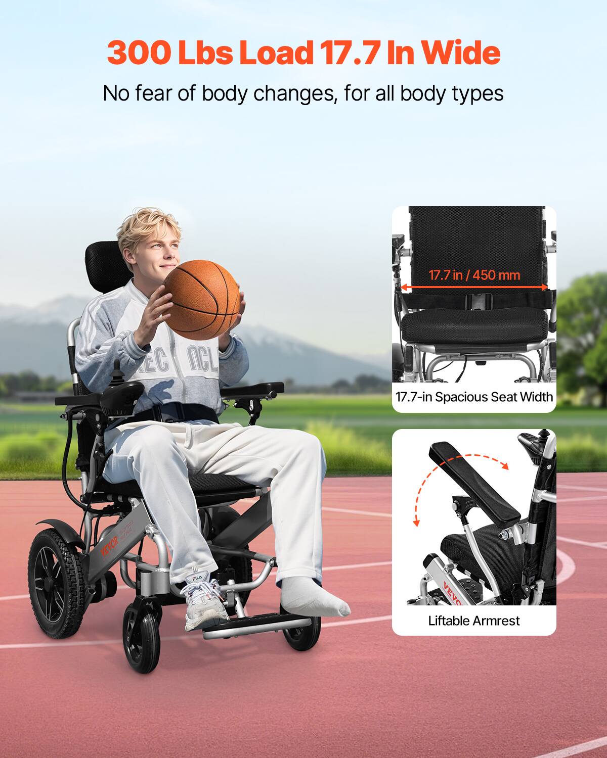 300 Lbs Load 17.7 In Wide

No fear of body changes, for all body types

17.7 in / 450 mm

17.7-in Spacious Seat Width

Liftable Armrest