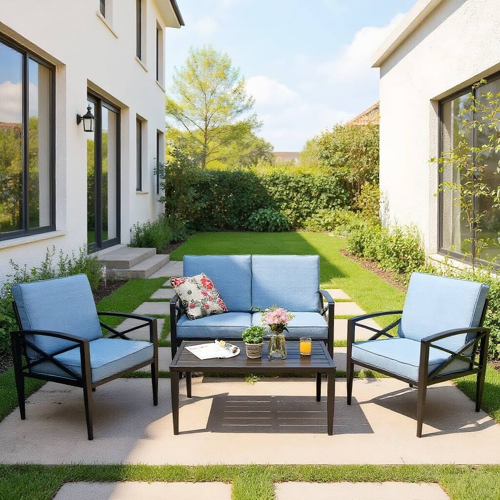 Front. Kadyn - 4 Pieces Patio Furniture Set with Aluminum Frame Cushioned Sofa and Coffee Table, Blue - Blue.