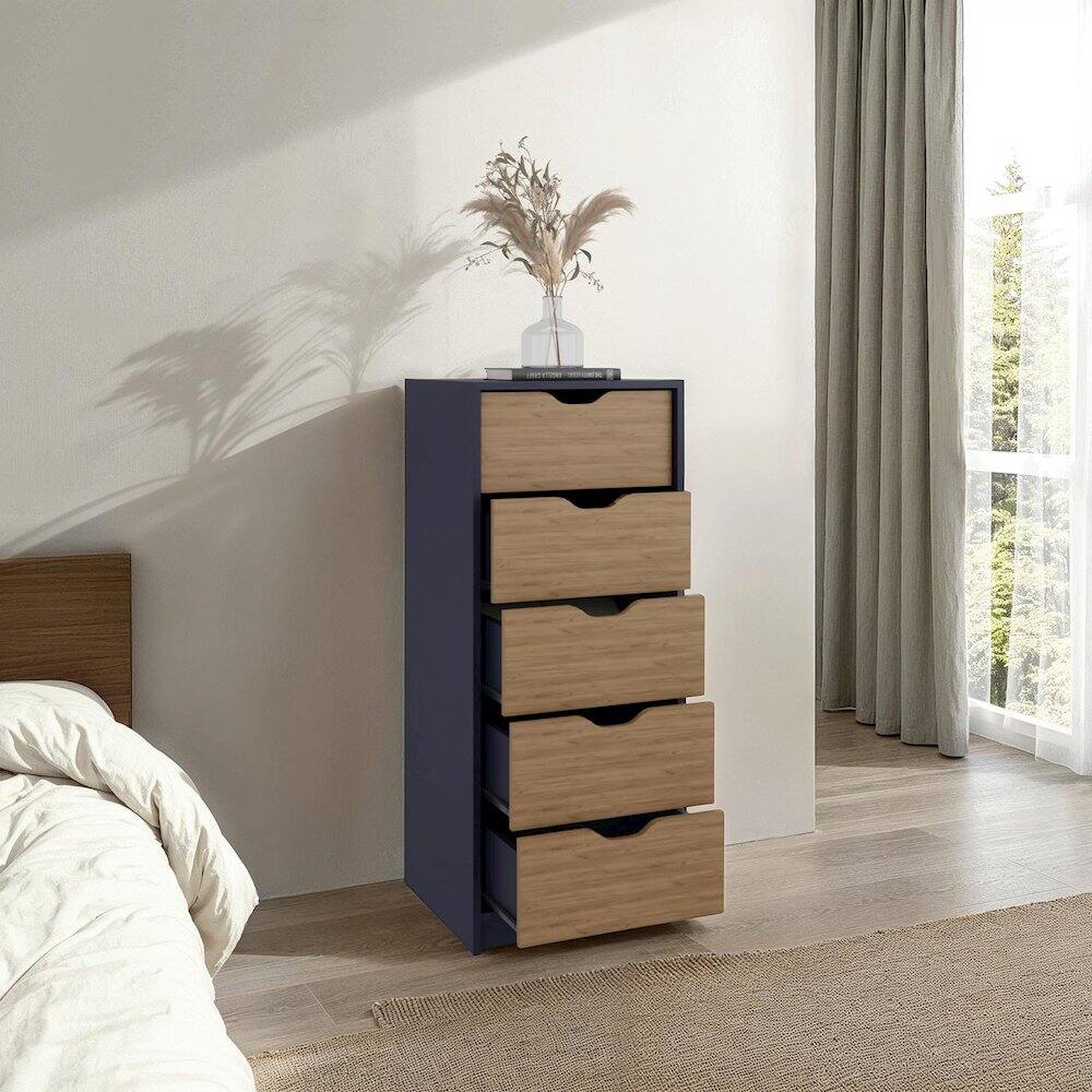 Alt View 3. TuHome - Basilea 5 Drawers Tall Dresser, Pull Out System, Blue Natural Oak - Blue.