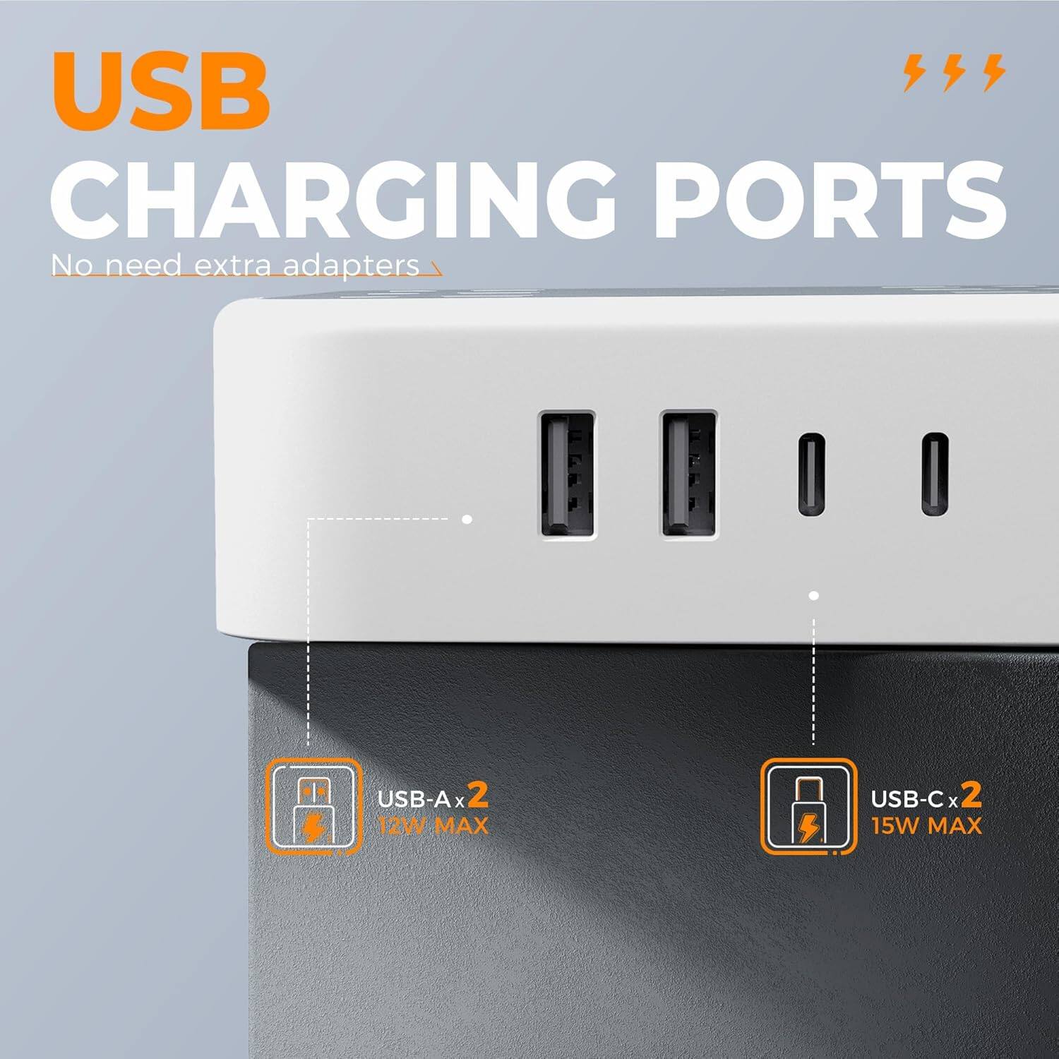 USB CHARGING PORTS  
No need extra adapters  

USB-A x 2  
12W MAX  

USB-C x 2  
15W MAX