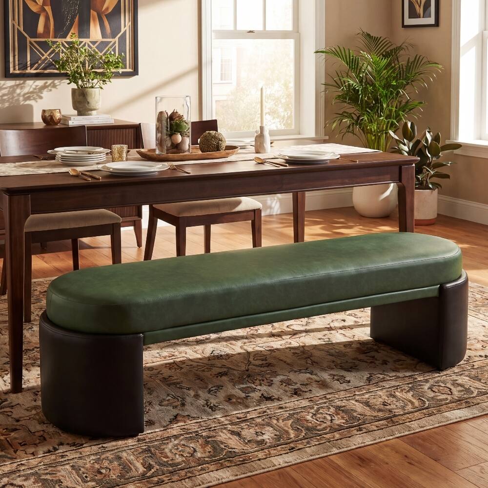 Angle. Ropilly - Ropilly Green PU Dining Bench Two-Tone Upholstered Modern Accent Bench 62 Inch - Green & Black.