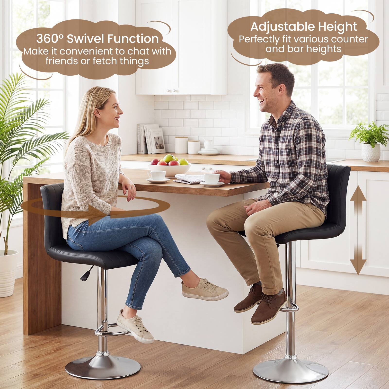360° Swivel Function  
Make it convenient to chat with friends or fetch things  

Adjustable Height  
Perfectly fit various counter and bar heights