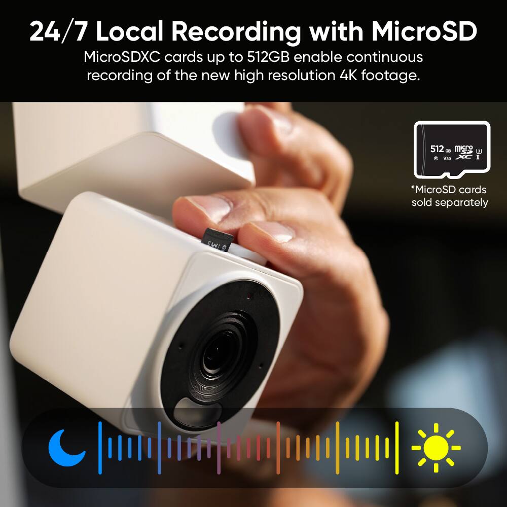 24/7 Local Recording with MicroSD

MicroSDXC cards up to 512GB enable continuous recording of the new high resolution 4K footage.

*MicroSD cards sold separately