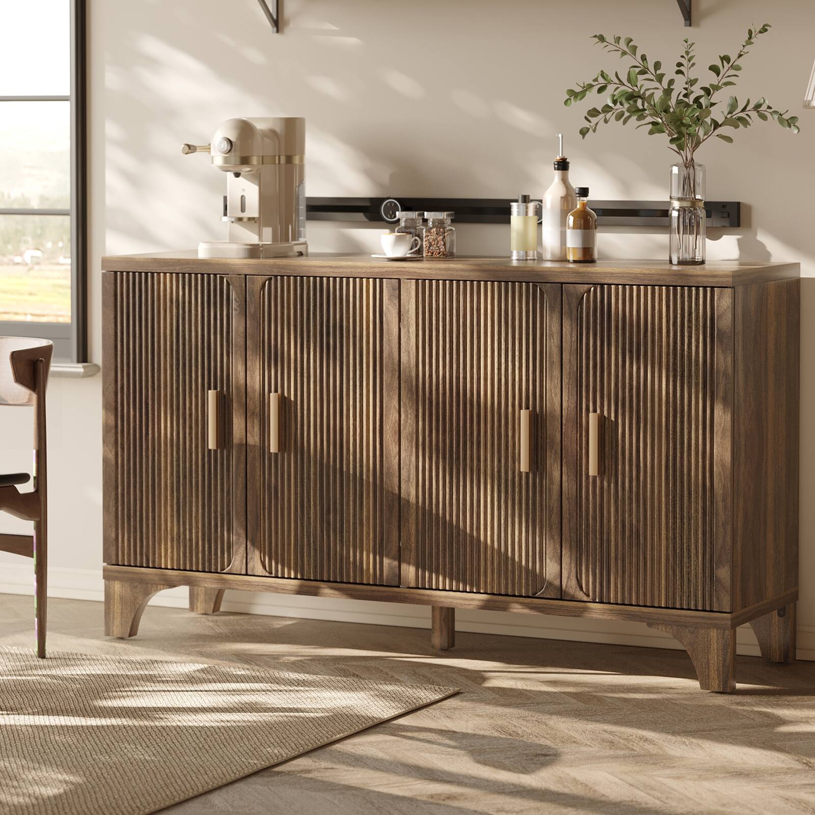 Angle. Sugift - 55" Mid Century Modern Fluted Buffet Cabinet with Storage 4 Door Wood Sideboard Credenza for Kitchen Living Room - Brwon.