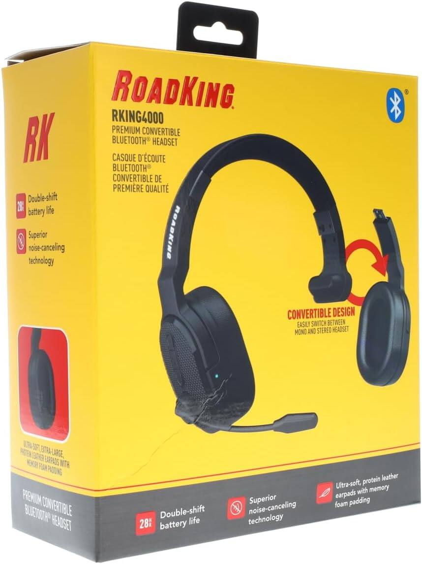 ROADKING. RKING4000 PREMIUM CONVERTIBLE BLUETOOTH HEADSET

- Double-shift 28-hour battery life
- Superior noise-canceling technology
- CONVERTIBLE DESIGN: Easily switch between mono and stereo headset
- EXTRA-LARGE, PROTEIN LEATHER EARPADS WITH FOAM PADDING
- PREMIUM BLUETOOTH CONVERTIBLE HEADSET