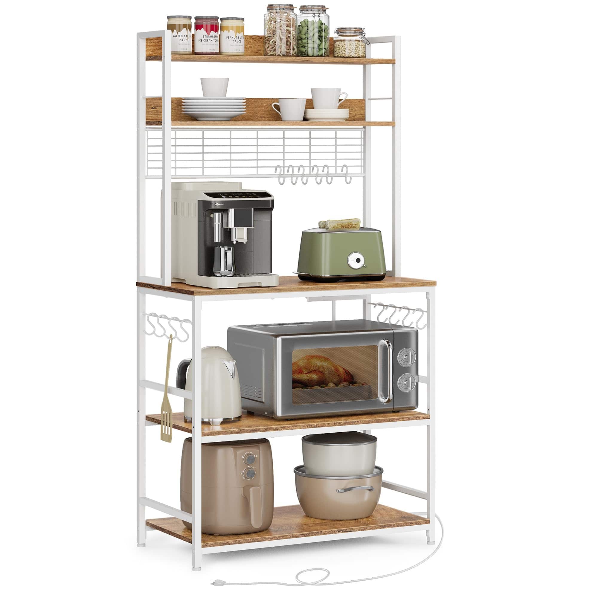 Songmics Home - Hutch Bakers Rack with Power Outlet – 14-Hook Microwave Stand and Adjustable Coffee Bar Rustic and White - Walnut