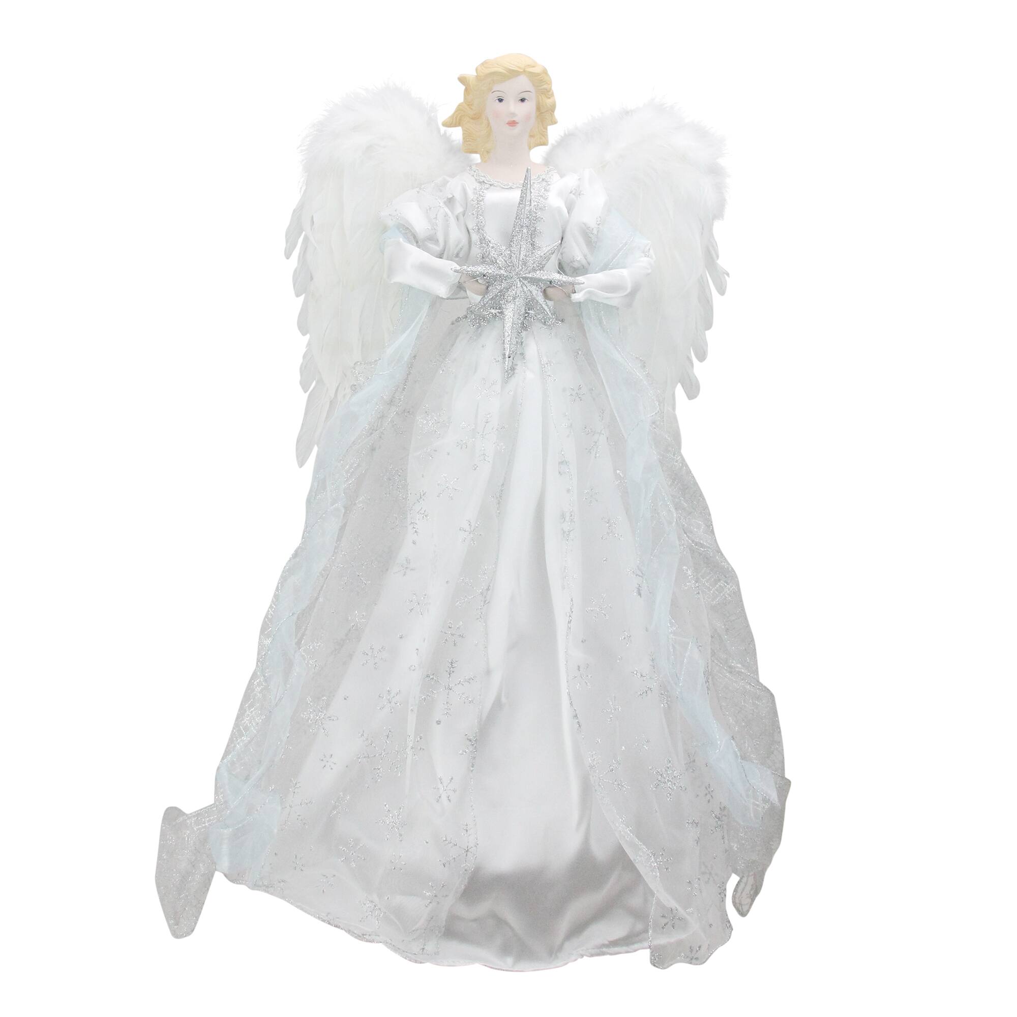 Front. Roman - 22" White and Silver Glitter Angel with Star Hanging Christmas Decoration - White.