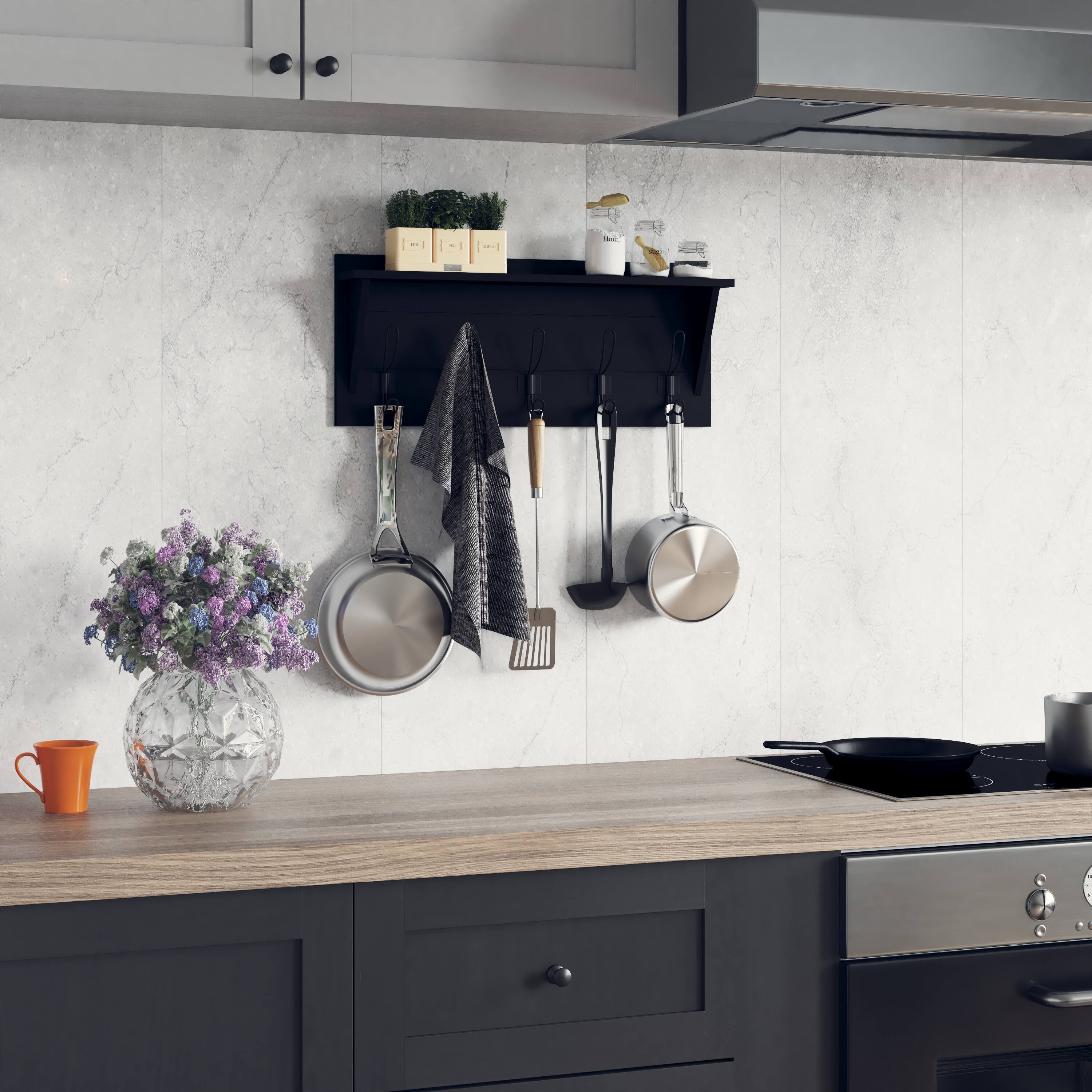 Alt View 3. Emma + Oliver - Alcott Rustic Country Wall Mounted Entryway Shelf with 5 Rustic Hooks and Wood Construction - Black.