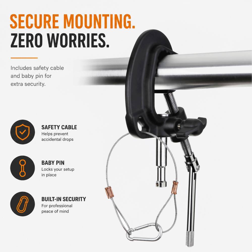 SECURE MOUNTING. ZERO WORRIES.

Includes safety cable and baby pin for extra security.

SAFETY CABLE
Helps prevent accidental drops

BABY PIN
Locks your setup in place

BUILT-IN SECURITY
For professional peace of mind