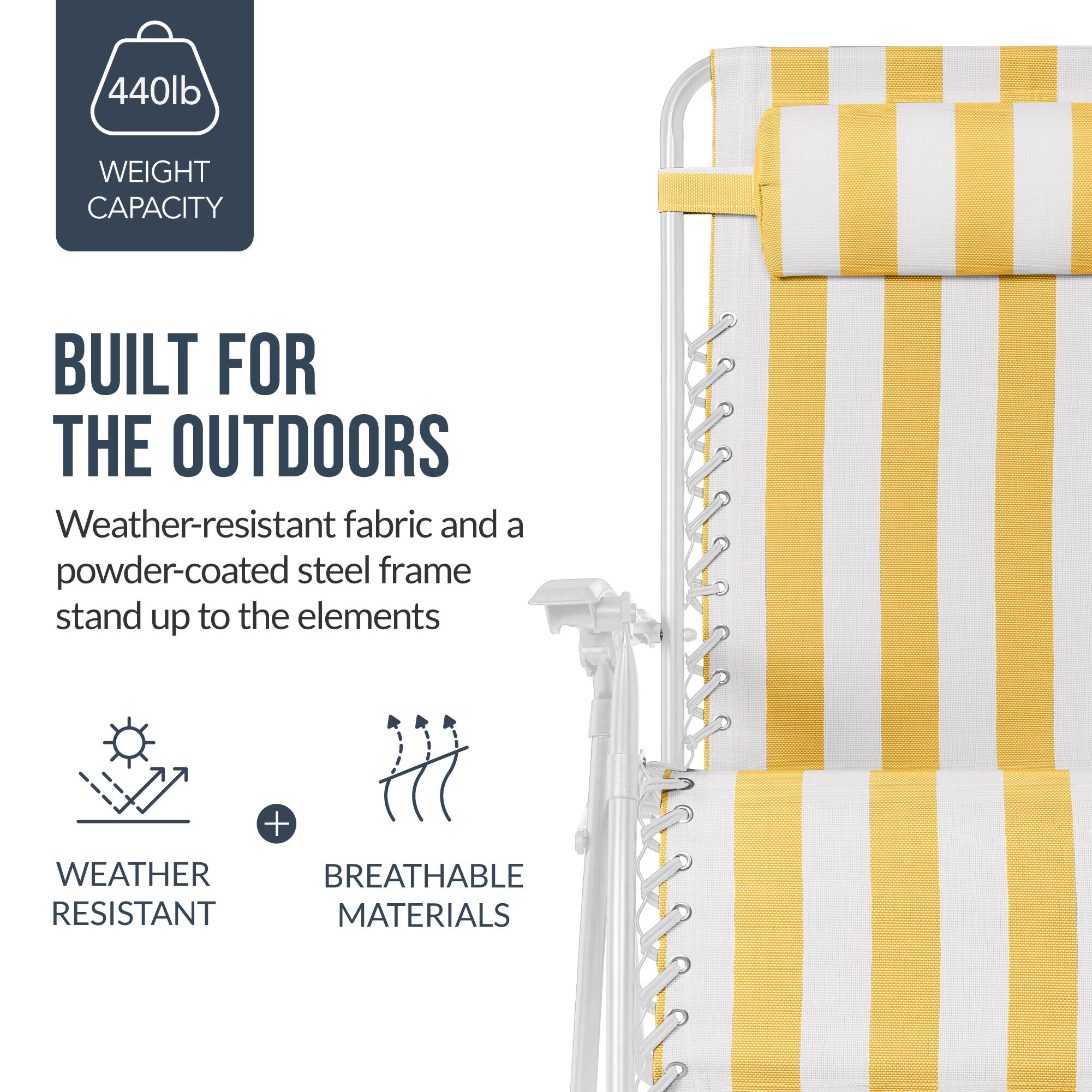 440lb WEIGHT CAPACITY  
BUILT FOR THE OUTDOORS  
Weather-resistant fabric and a powder-coated steel frame stand up to the elements  
WEATHER RESISTANT + BREATHABLE MATERIALS