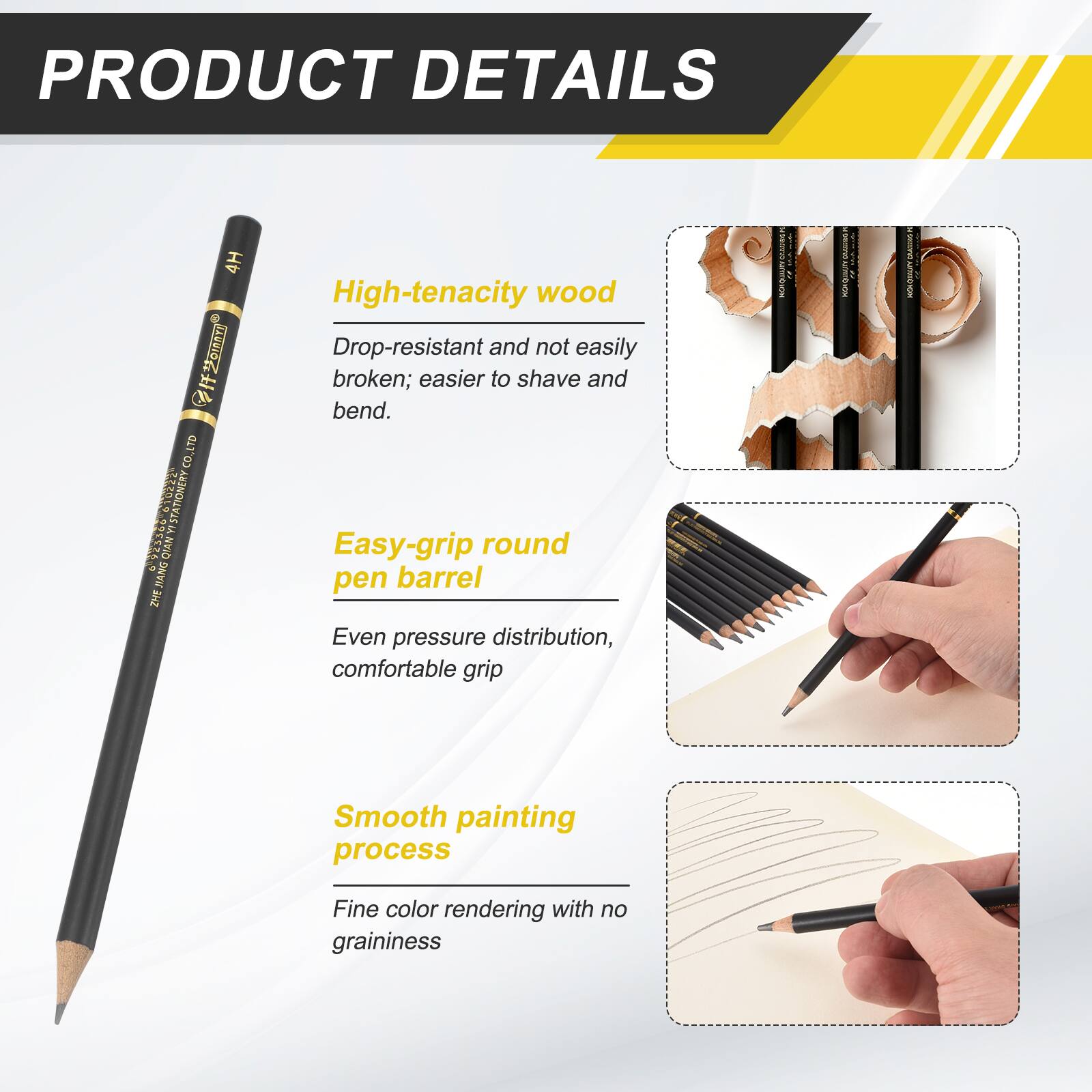 PRODUCT DETAILS

High-tenacity wood
- Drop-resistant and not easily broken; easier to shave and bend.

Easy-grip round pen barrel
- Even pressure distribution, comfortable grip

Smooth painting process
- Fine color rendering with no graininess