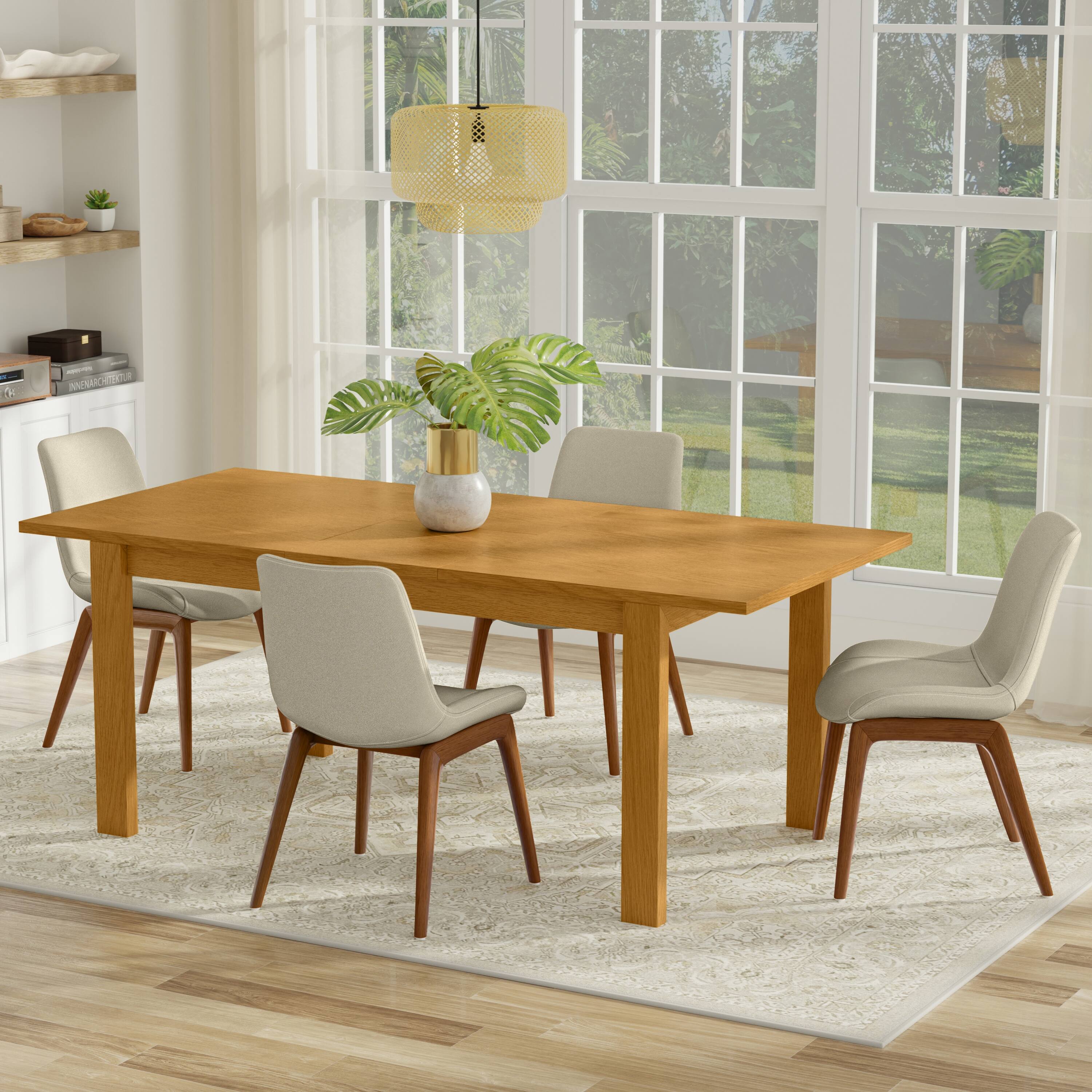 Left. Simpli Home - Wilson 60-76 inch x 36 inch Rectangle Transitional Extendable Dining Table in Oak Veneer - Oak Veneer.