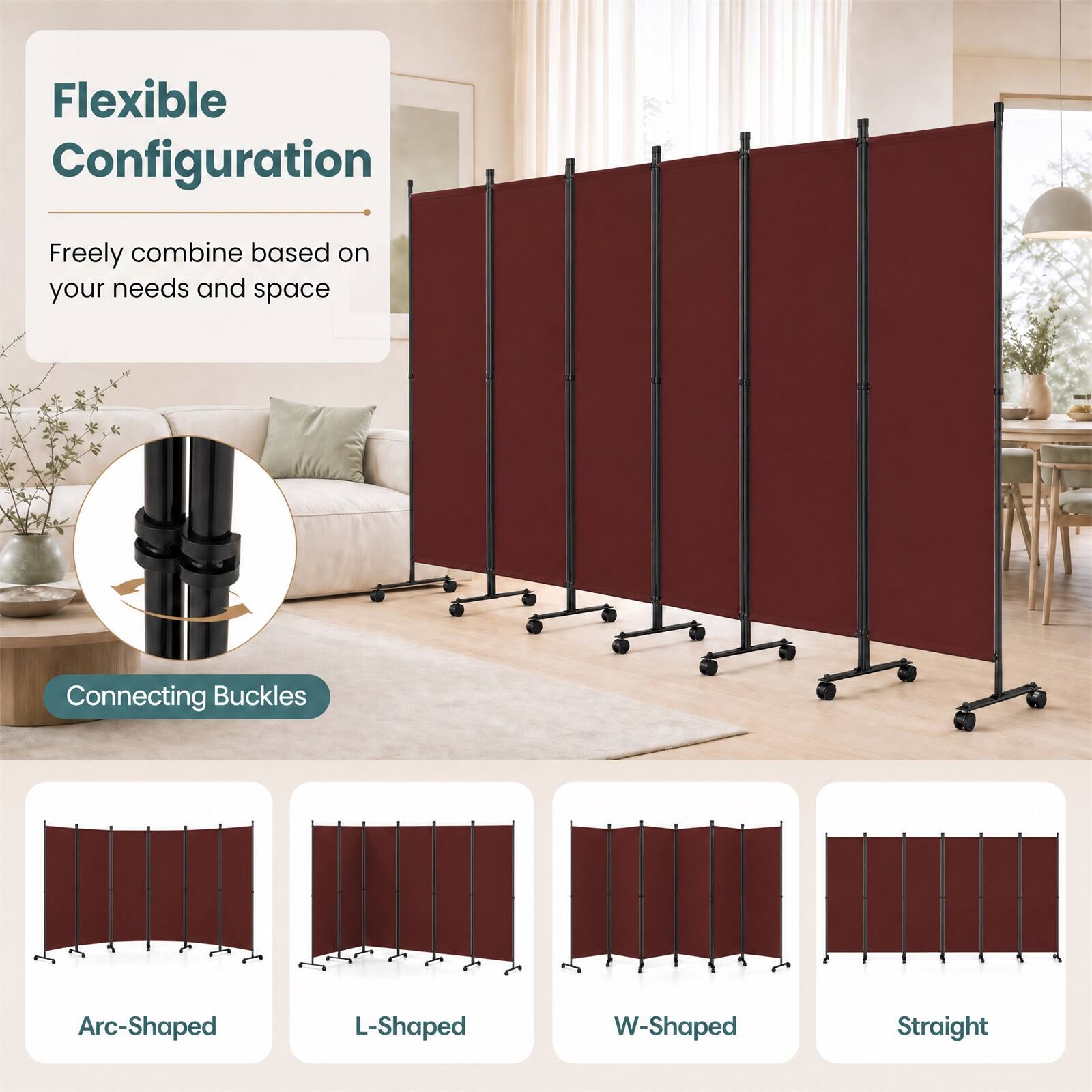 Flexible Configuration  
Freely combine based on your needs and space  

Connecting Buckles  
Arc-Shaped  
L-Shaped  
W-Shaped  
Straight