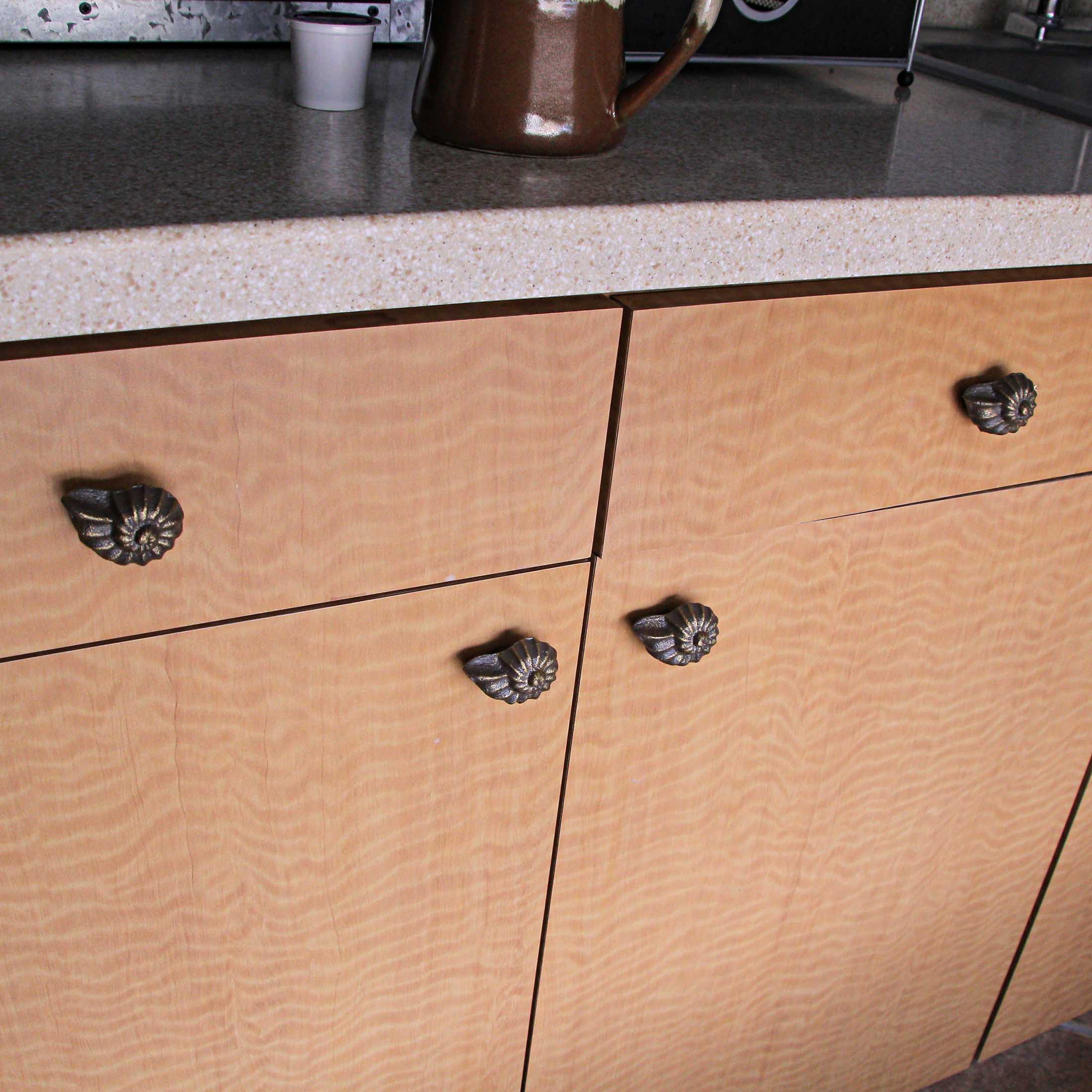 Alt View 3. Zeckos - Bronze Cast Iron Nautilus Shell Drawer Pull Decorative Cabinet Knobs Set of 6 - Bronze.