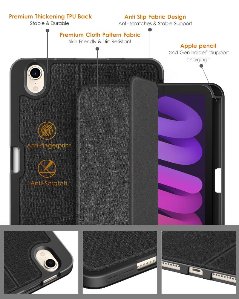 Premium Thickening TPU Back  
Stable & Durable  

Premium Cloth Pattern Fabric  
Skin Friendly & Dirt Resistant  

Anti Slip Fabric Design  
Anti-scratches & Stable Support  

Apple pencil 2nd Gen holder  
"Support charging"  

Anti-fingerprint  
Anti-Scratch