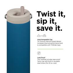 Twist it, sip it, save it. Interchangeable Cap TK Closure internal thread design increases thermal performance and is compatible with TKWide Caps. Leak Proof The TKWide includes leak-proof Twist Cap with built-in reusable steel straw (fits 32 oz size).
